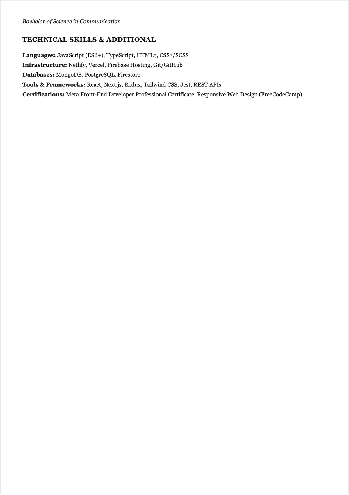 Free Beginner Front End Developer ATS CV Template, AI CV Builder