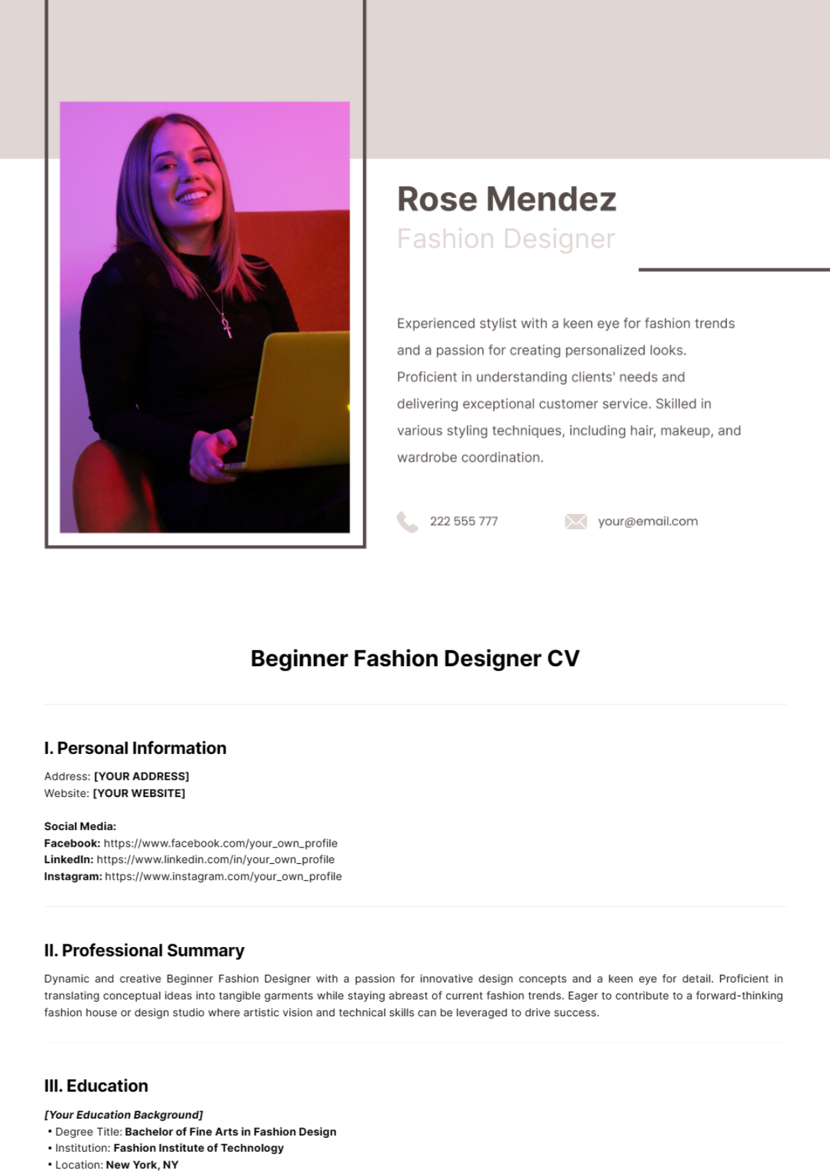 Beginner Fashion Designer CV Template - Edit Online & Download