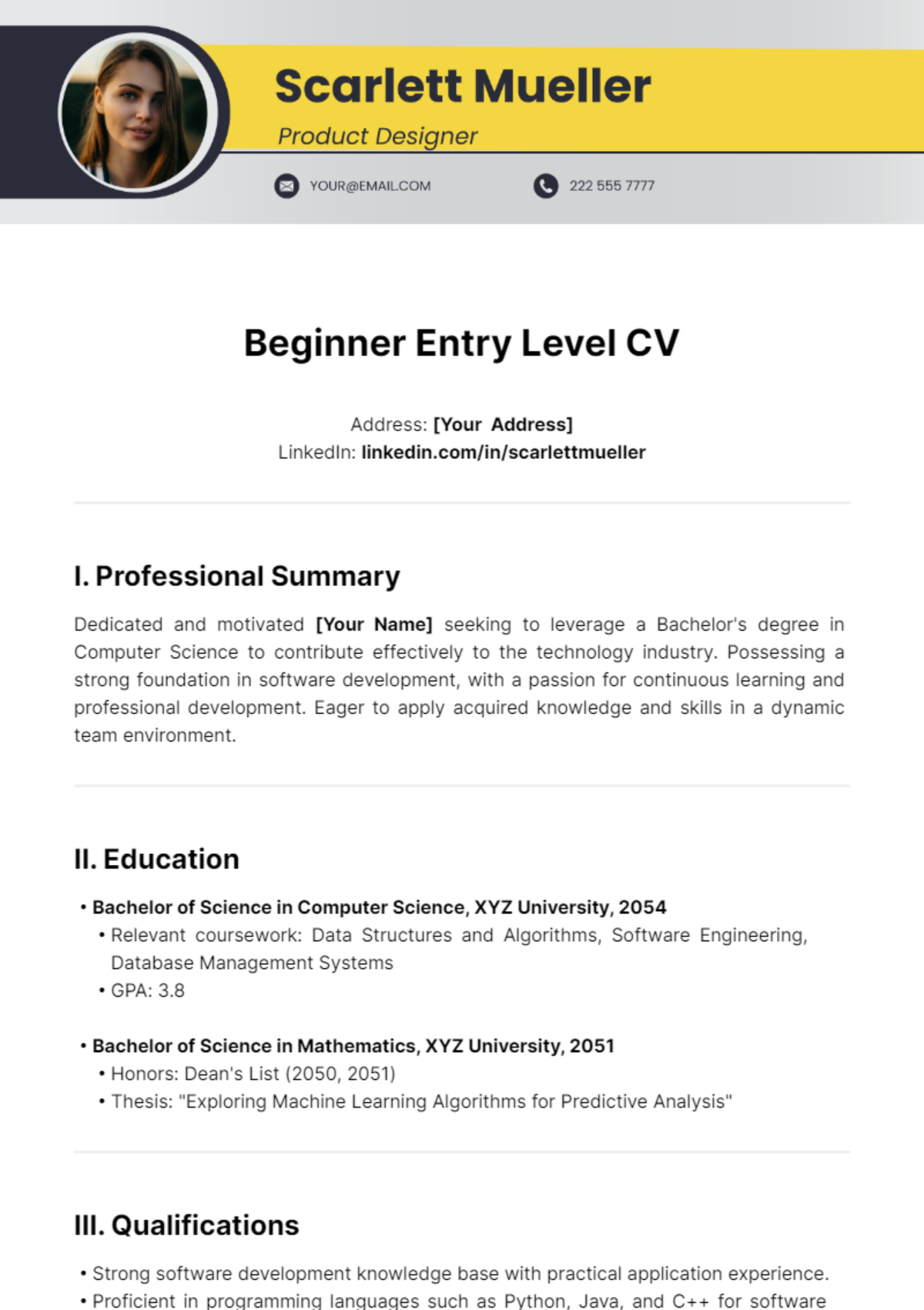 Free Beginner Entry Level CV Template - Edit Online & Download ...