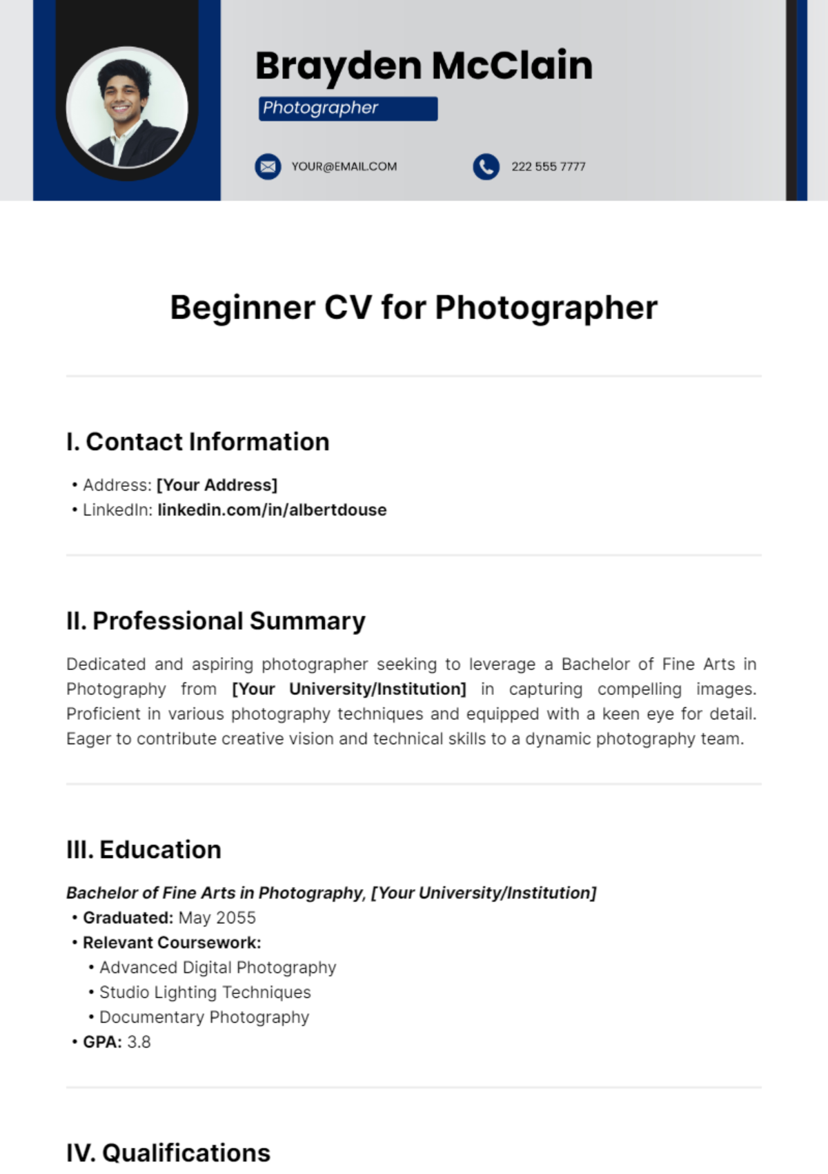 Beginner CV for Photographer Template - Edit Online & Download