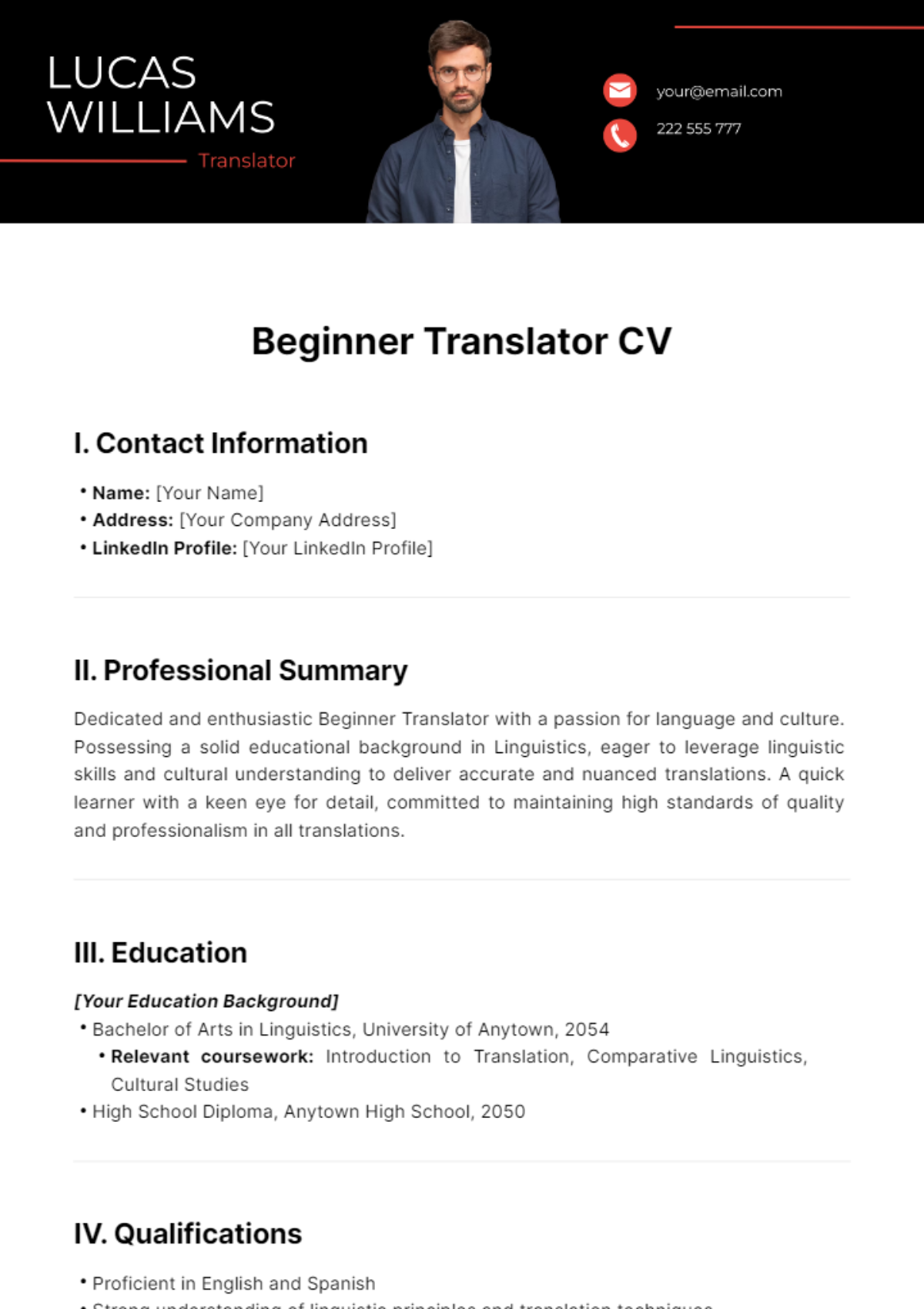 Beginner Translator CV Template - Edit Online & Download Example ...