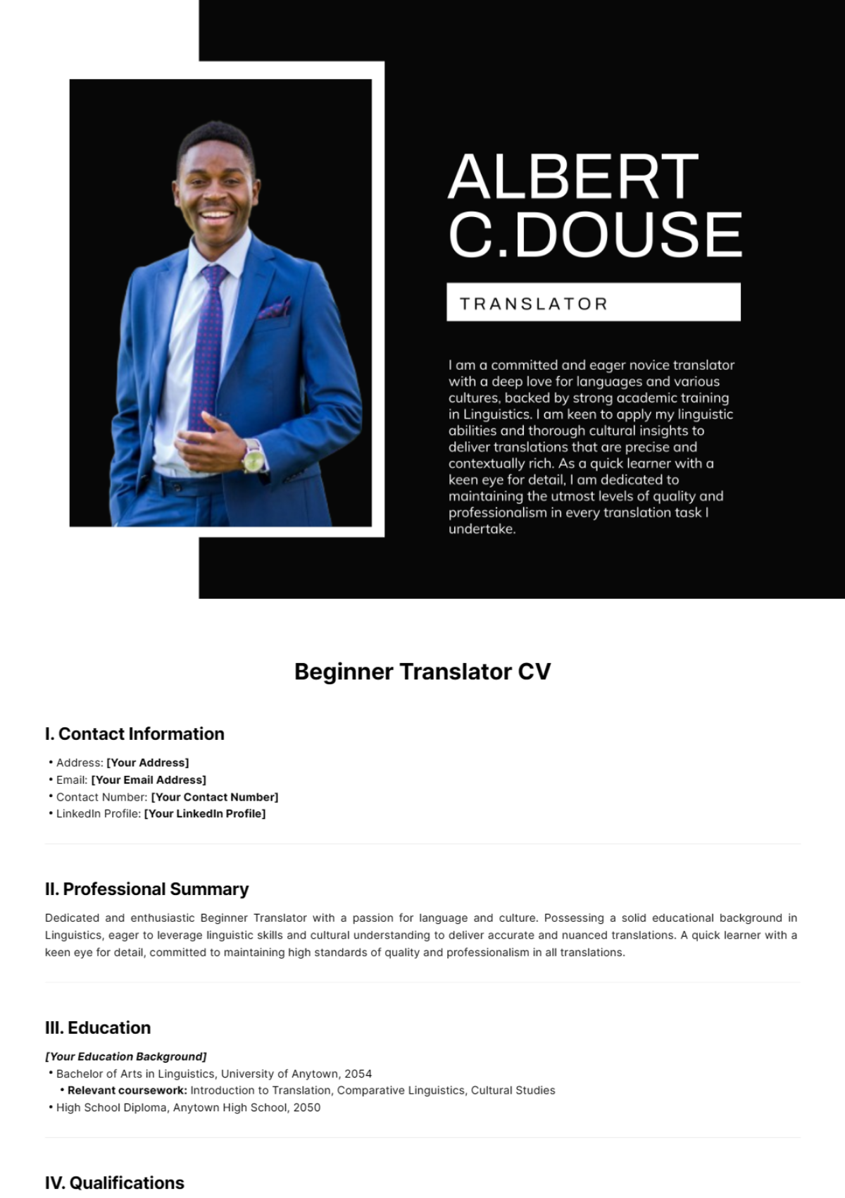 Free Beginner Translator CV Template to Edit Online