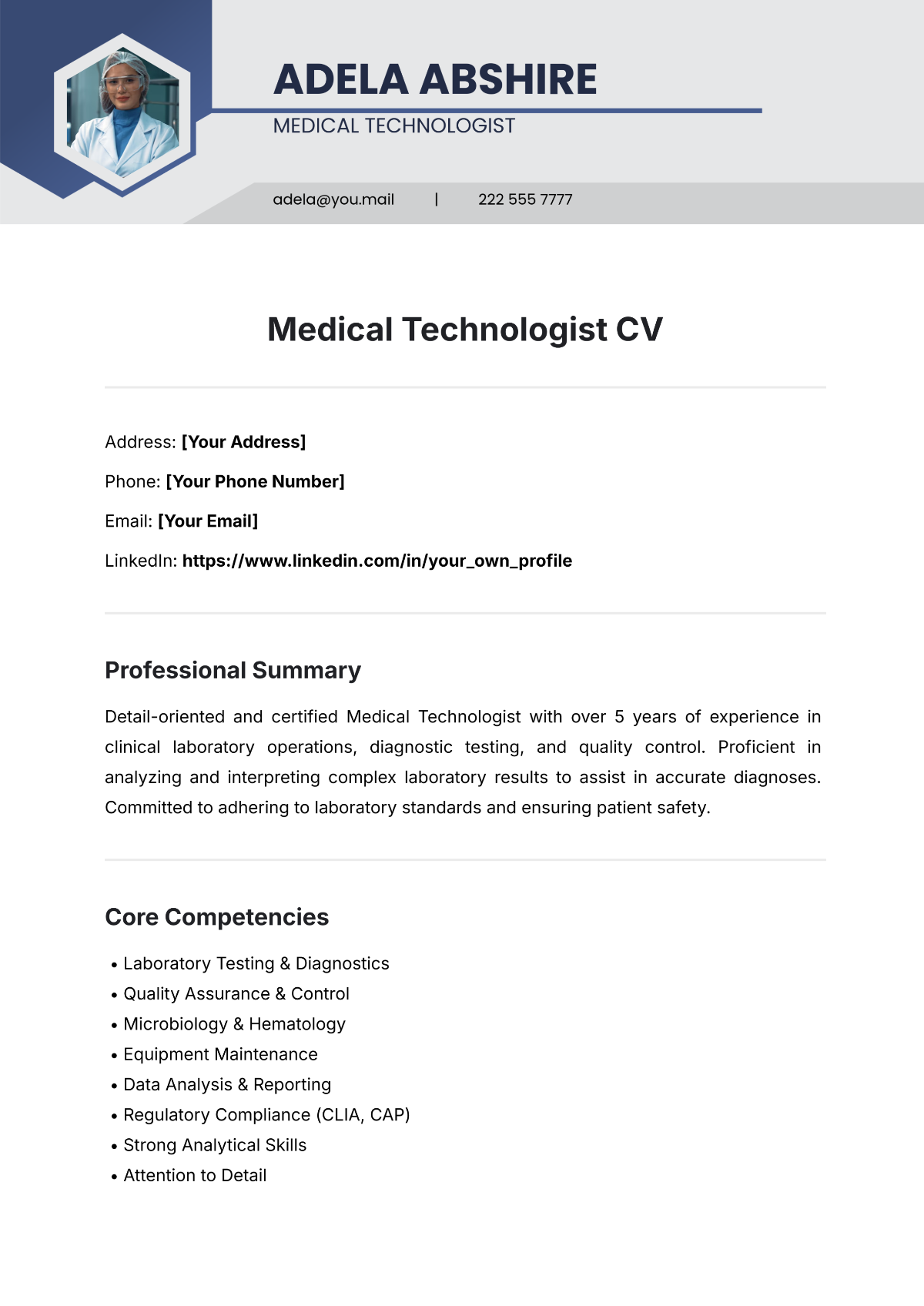 Free Medical Technologist CV Template