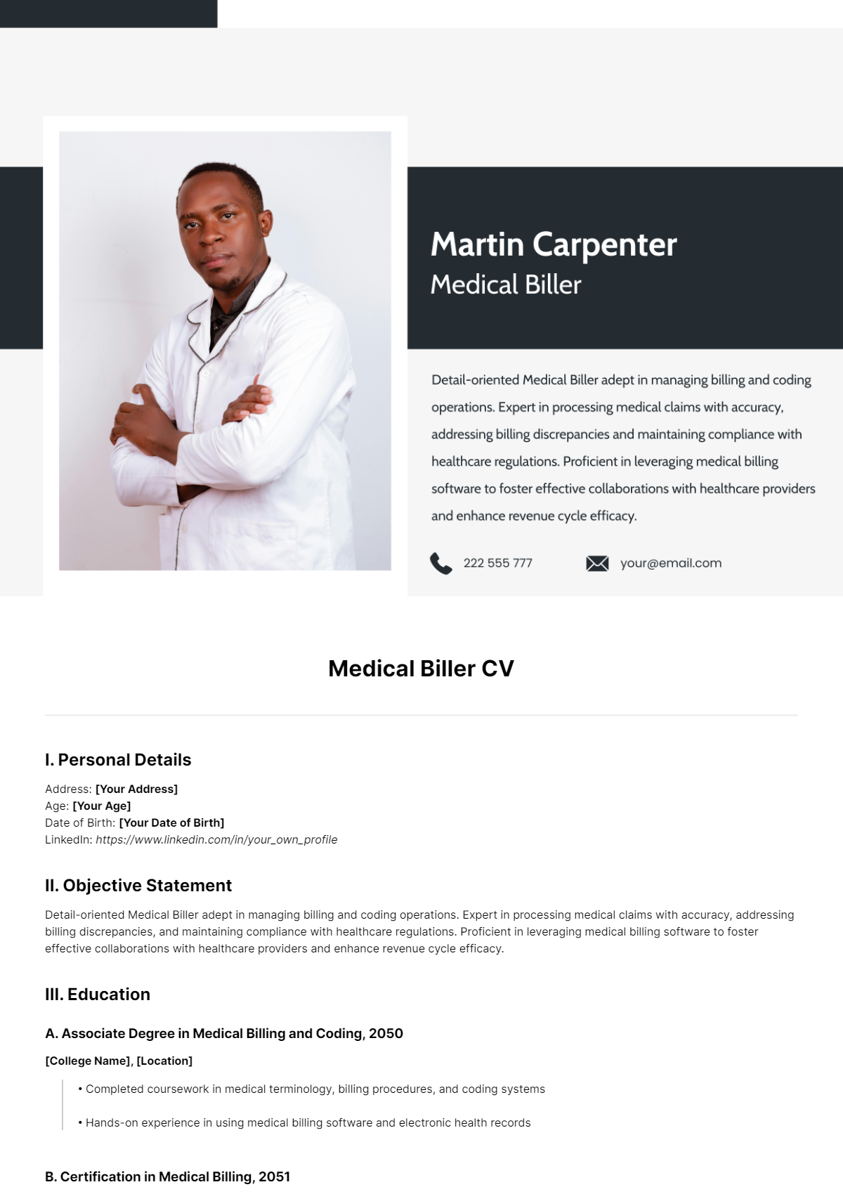 Medical Biller CV Template - Edit Online & Download