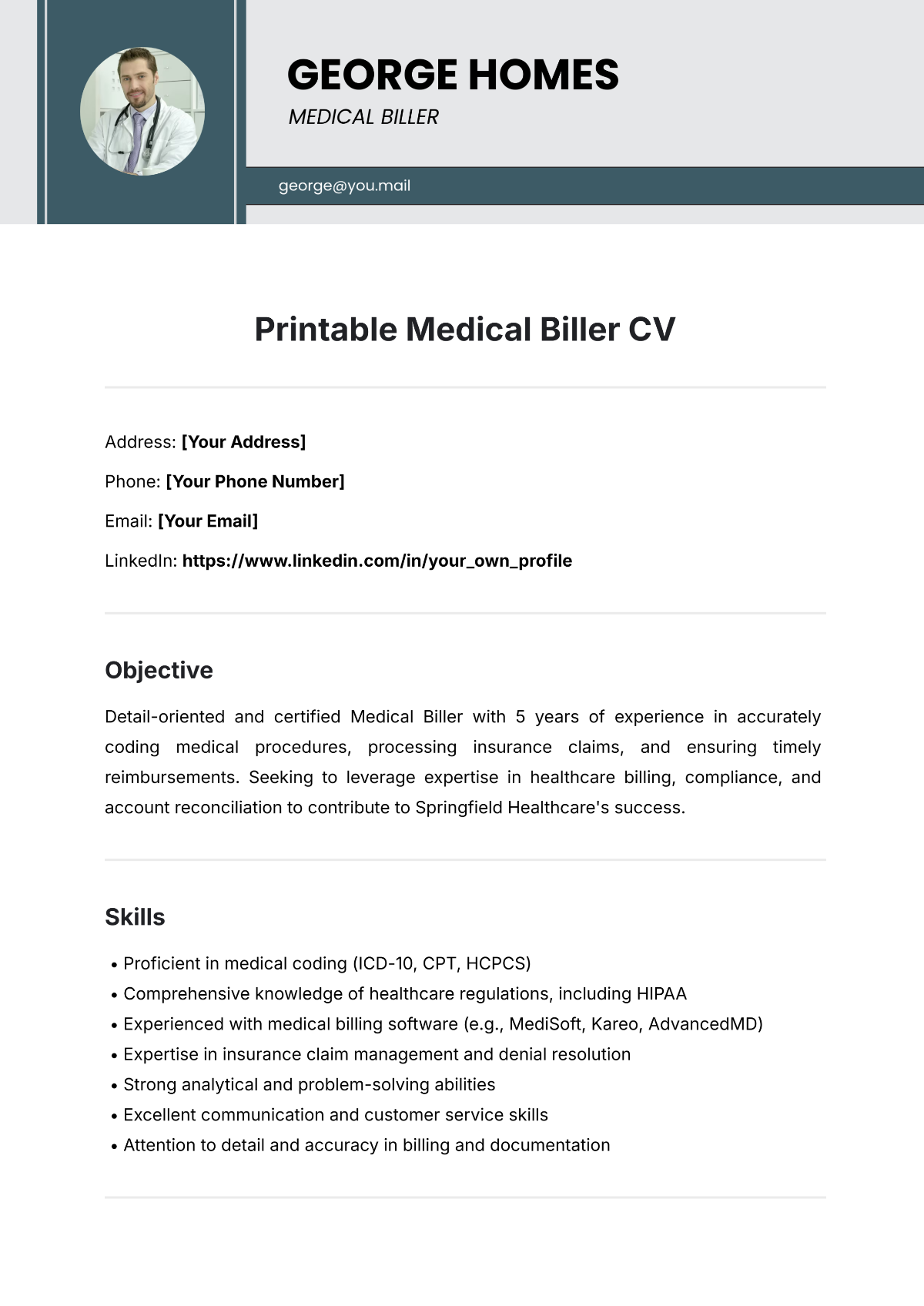 Free Printable Medical Biller CV Template