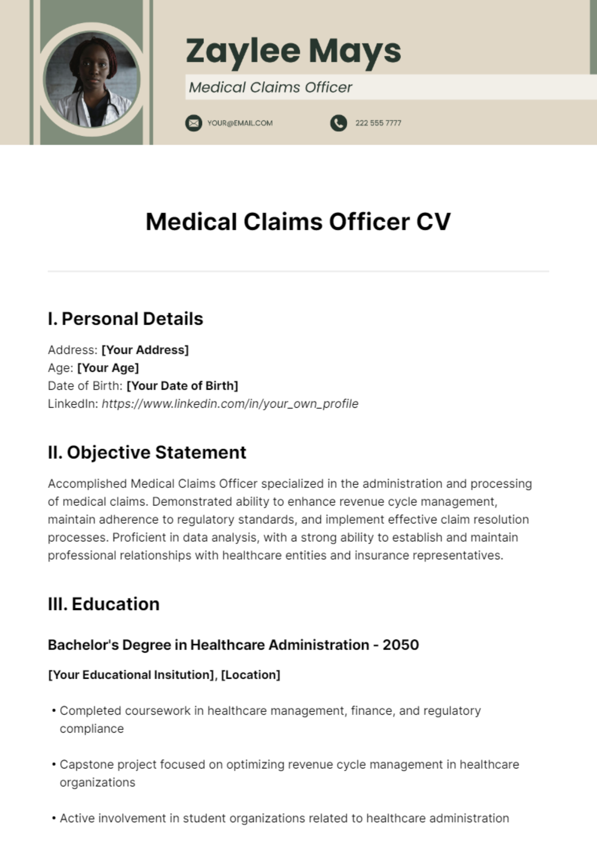 Medical Claims Officer CV Template - Edit Online & Download