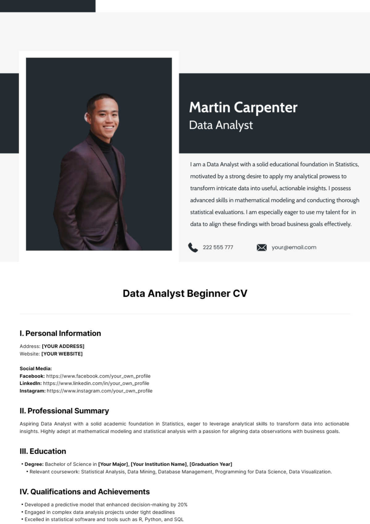 Data Analyst Beginner CV Template - Edit Online & Download