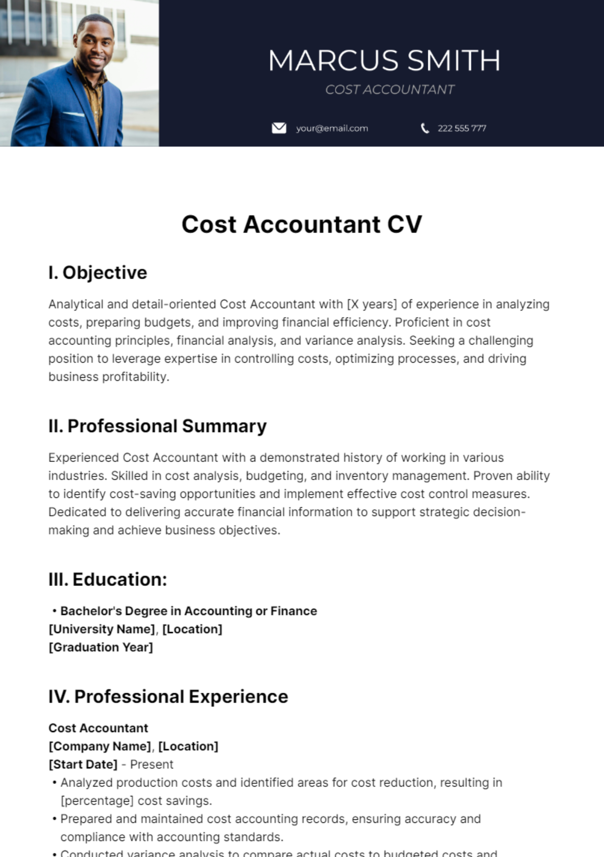 Cost Accountant CV Template - Edit Online & Download