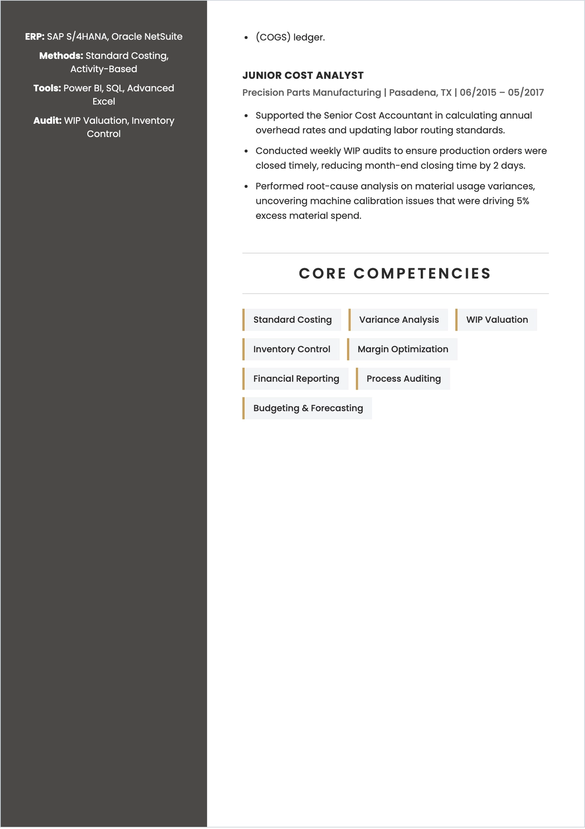 Free Cost Accountant ATS CV Template, AI CV Builder