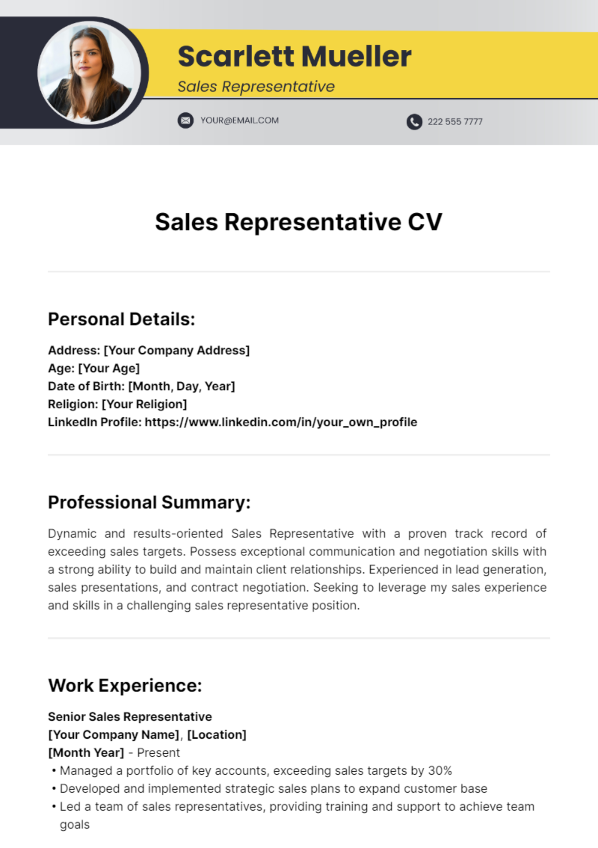 Sales Representative CV Template - Edit Online & Download