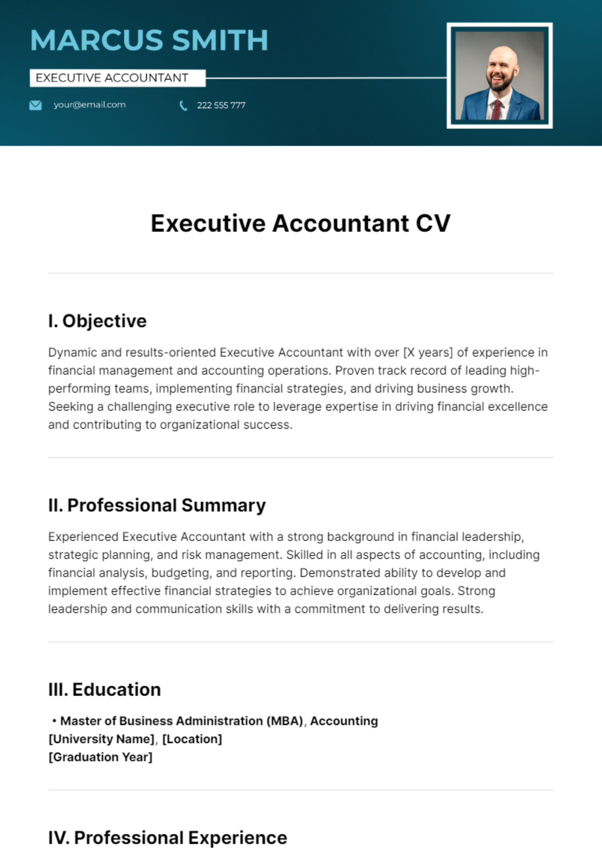 Executive Accountant CV Template - Edit Online & Download