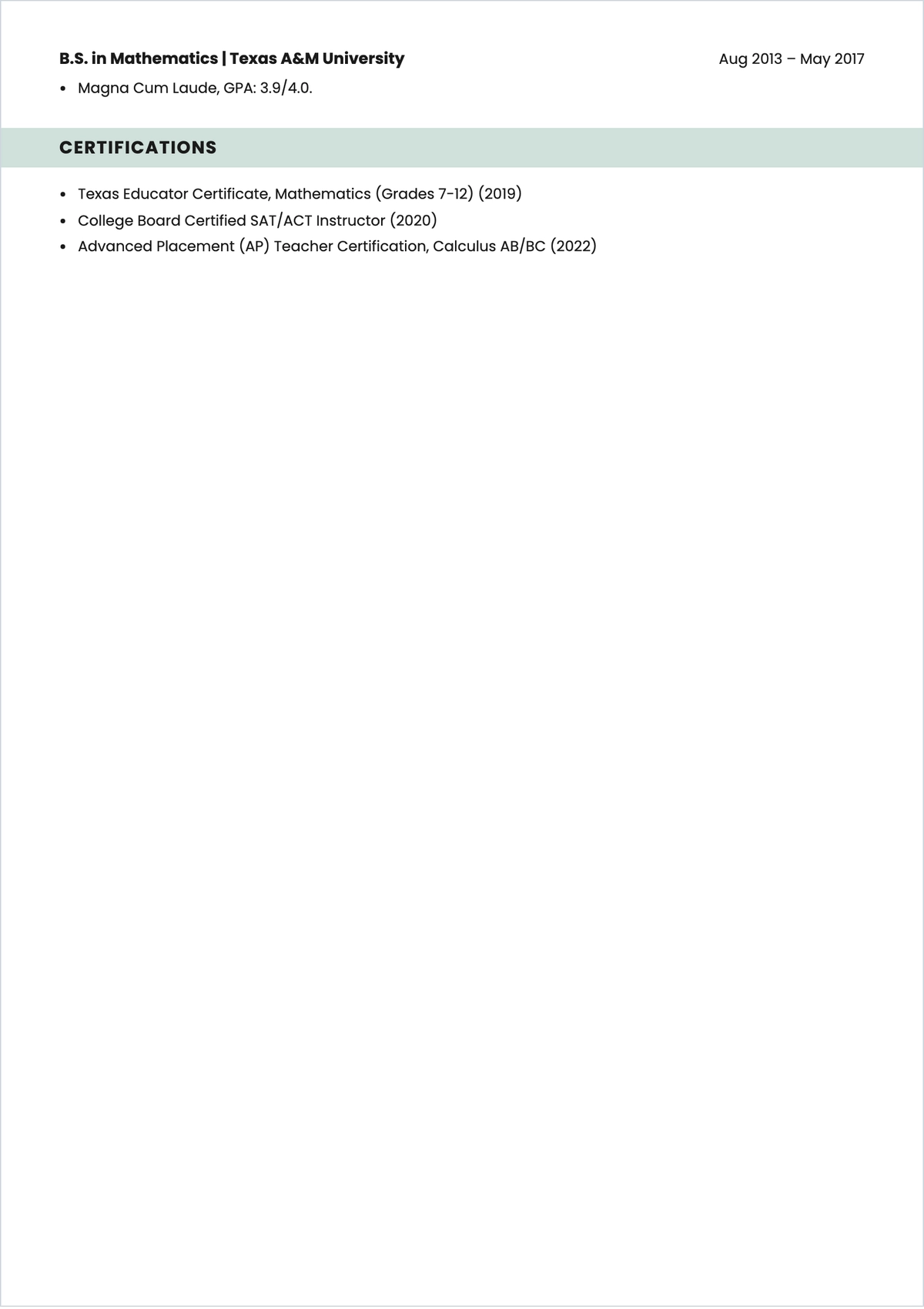 Free Private Tutor ATS CV Template, AI CV Builder