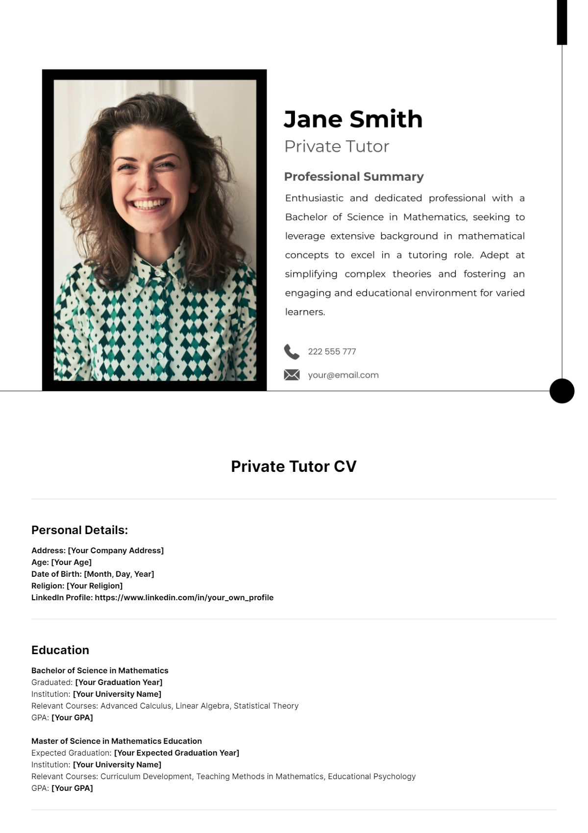 Private Tutor CV Template - Edit Online & Download