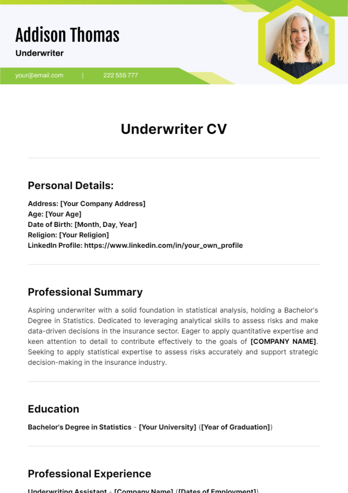 Underwriter CV Template - Edit Online & Download