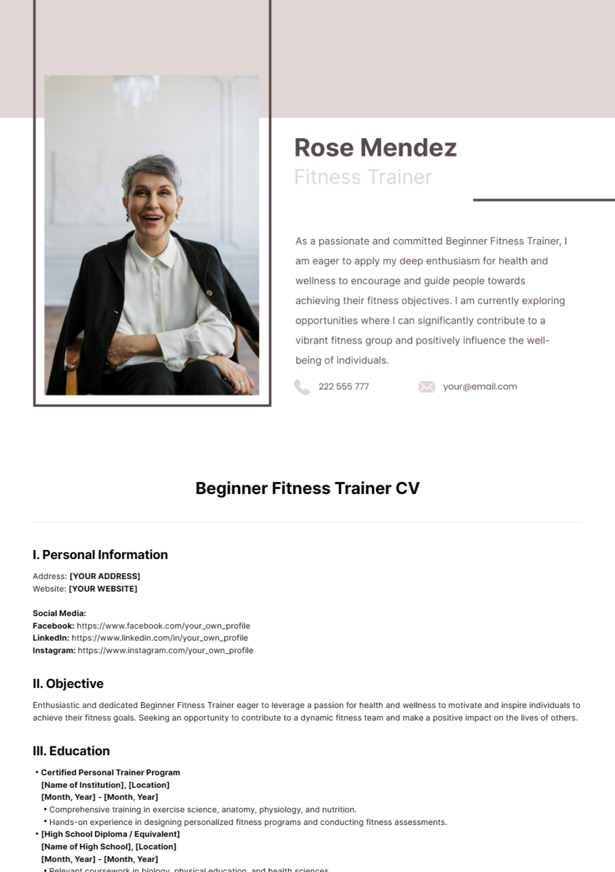 Beginner Fitness Trainer CV Template - Edit Online & Download