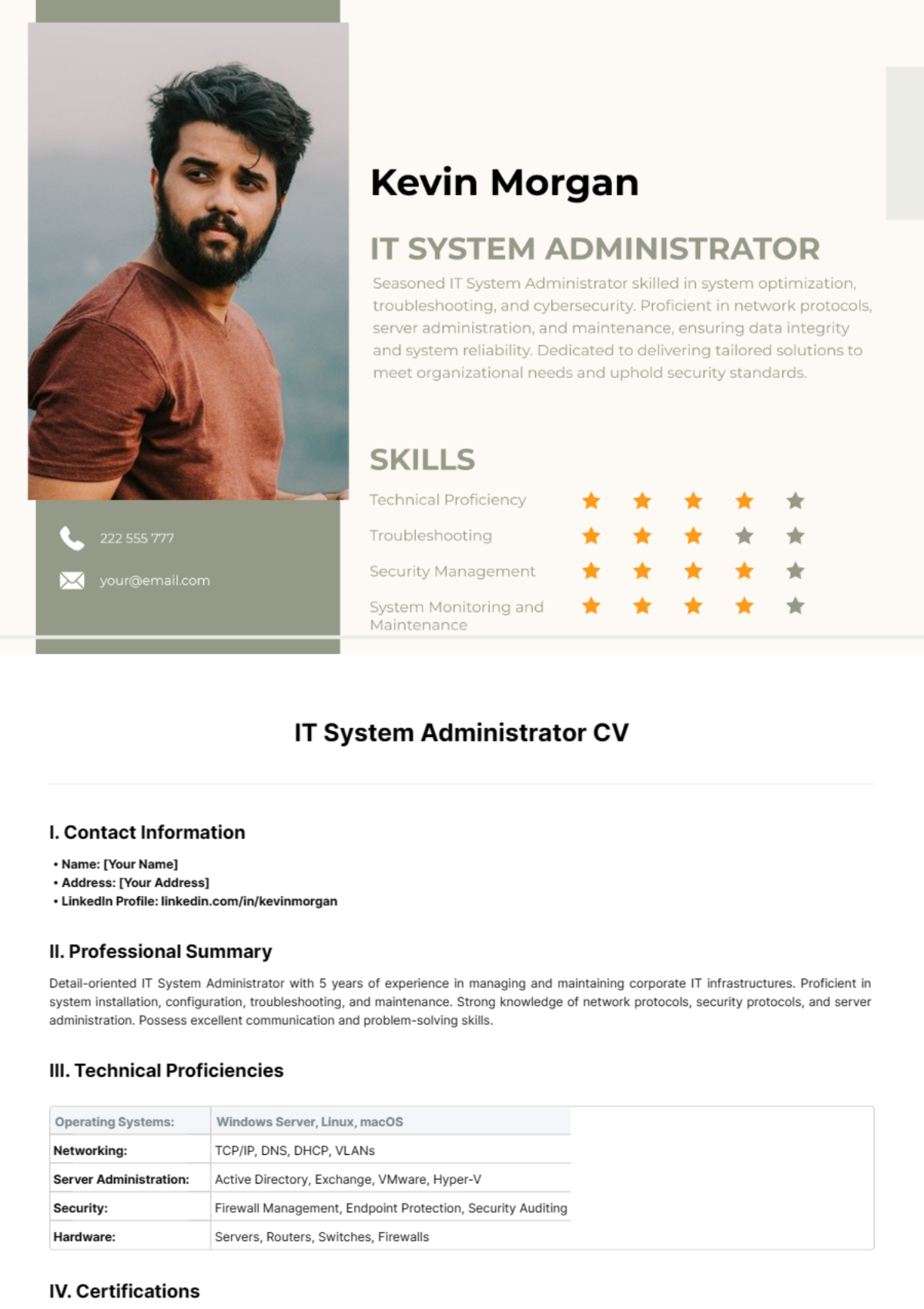 IT System Administrator CV Template - Edit Online & Download