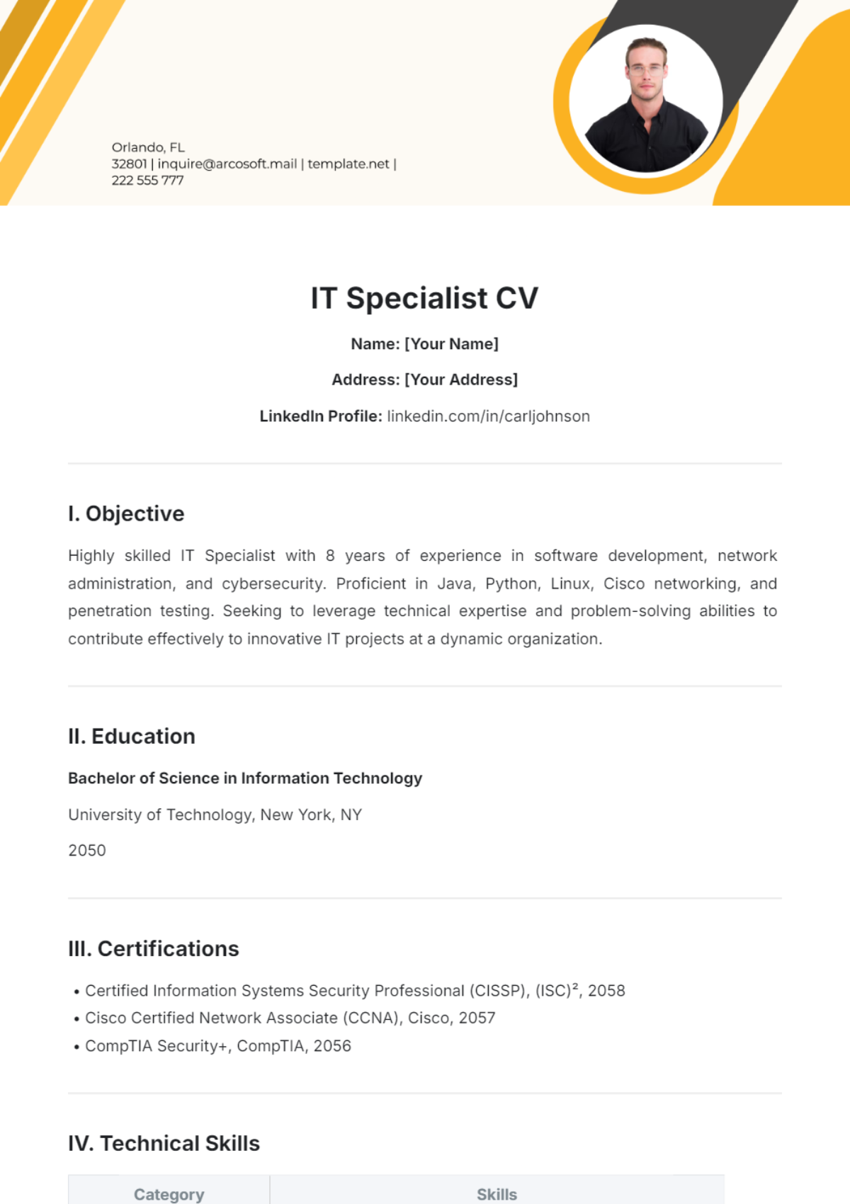 IT Specialist CV Template - Edit Online & Download