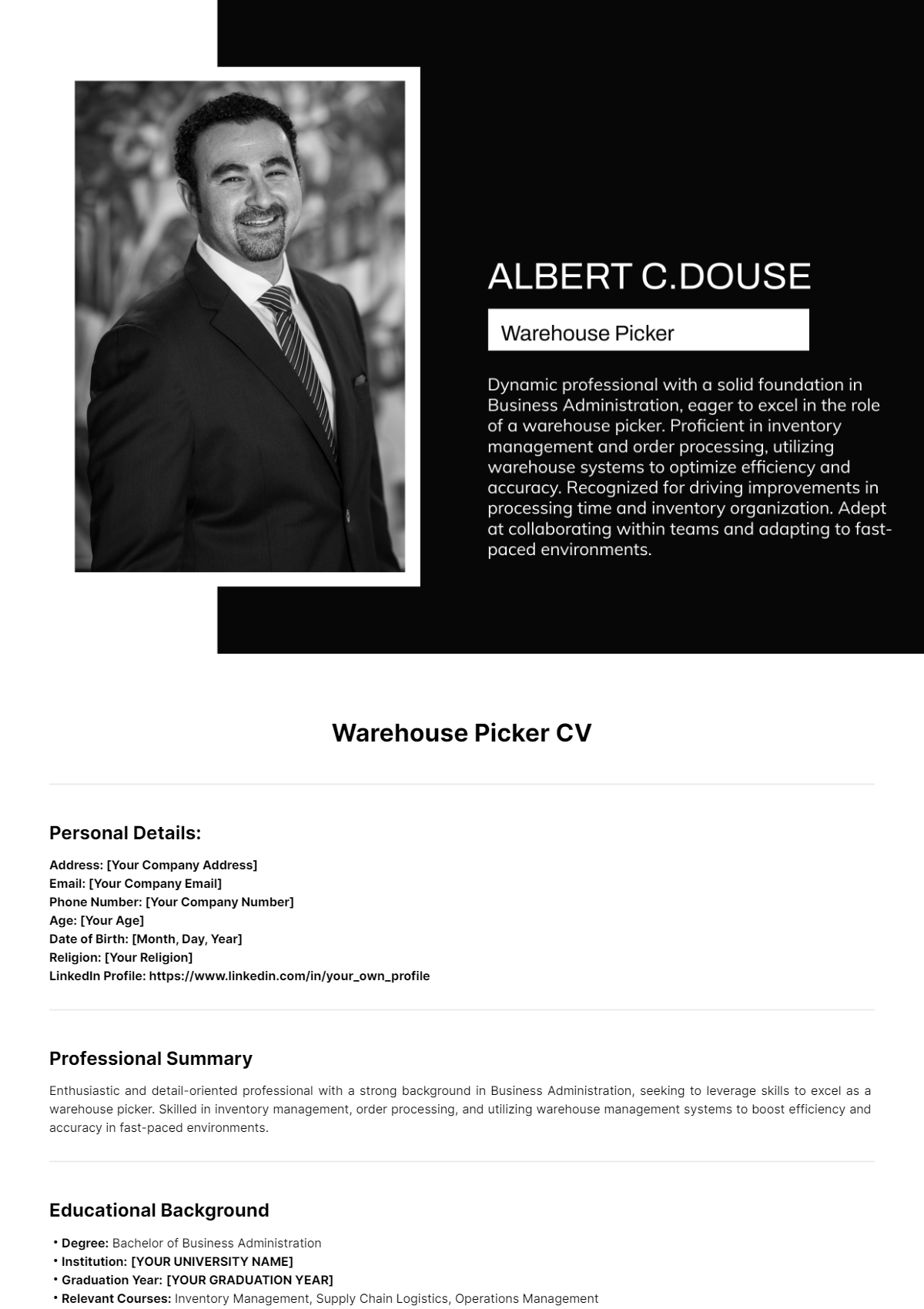 Warehouse Picker CV Template - Edit Online & Download