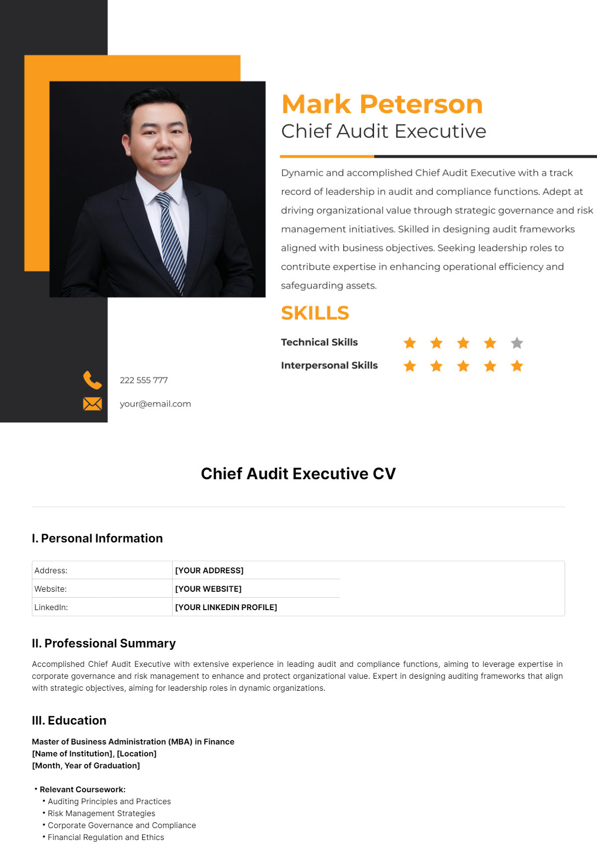 Chief Audit Executive CV Template - Edit Online & Download