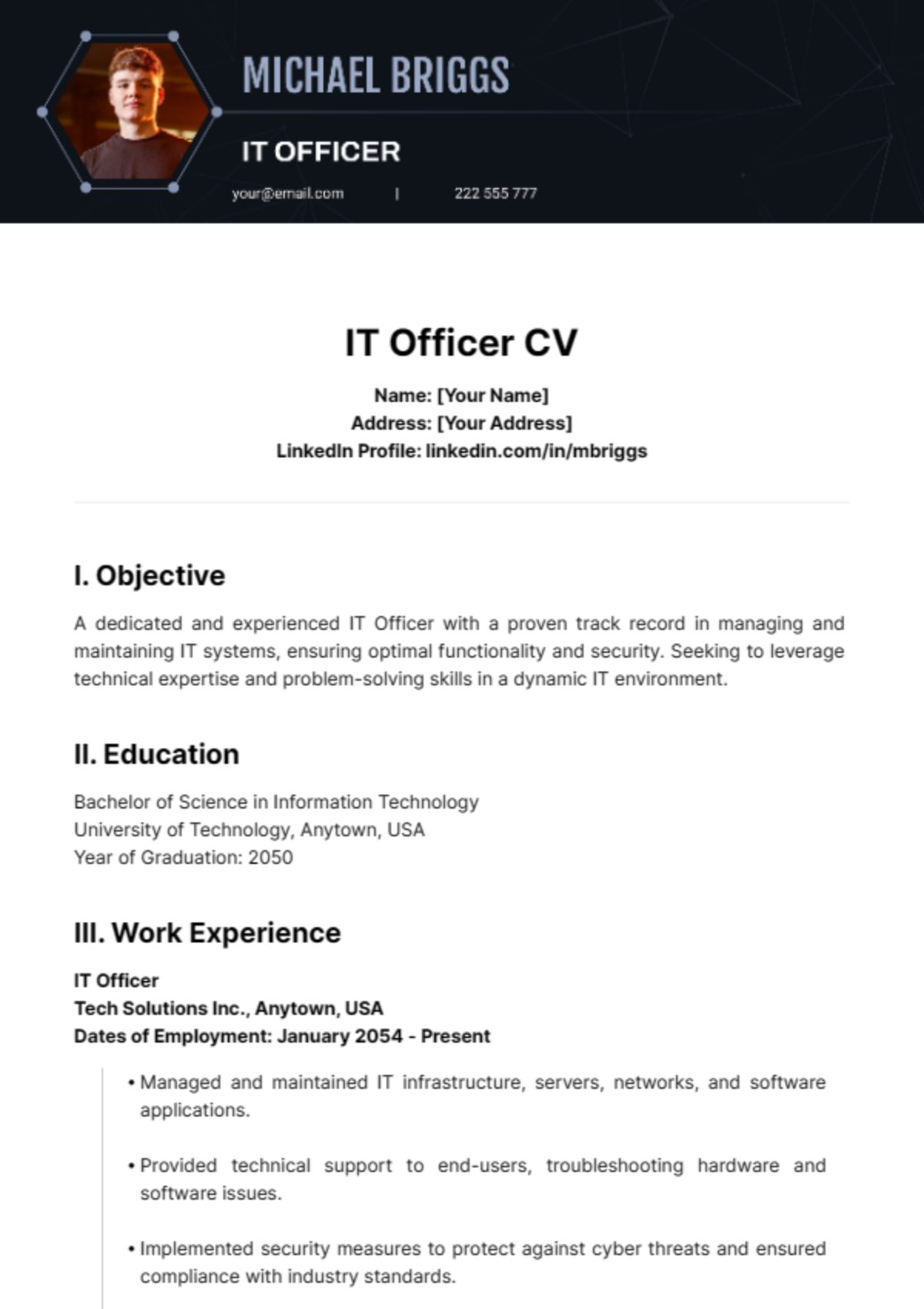 IT Officer CV Template - Edit Online & Download