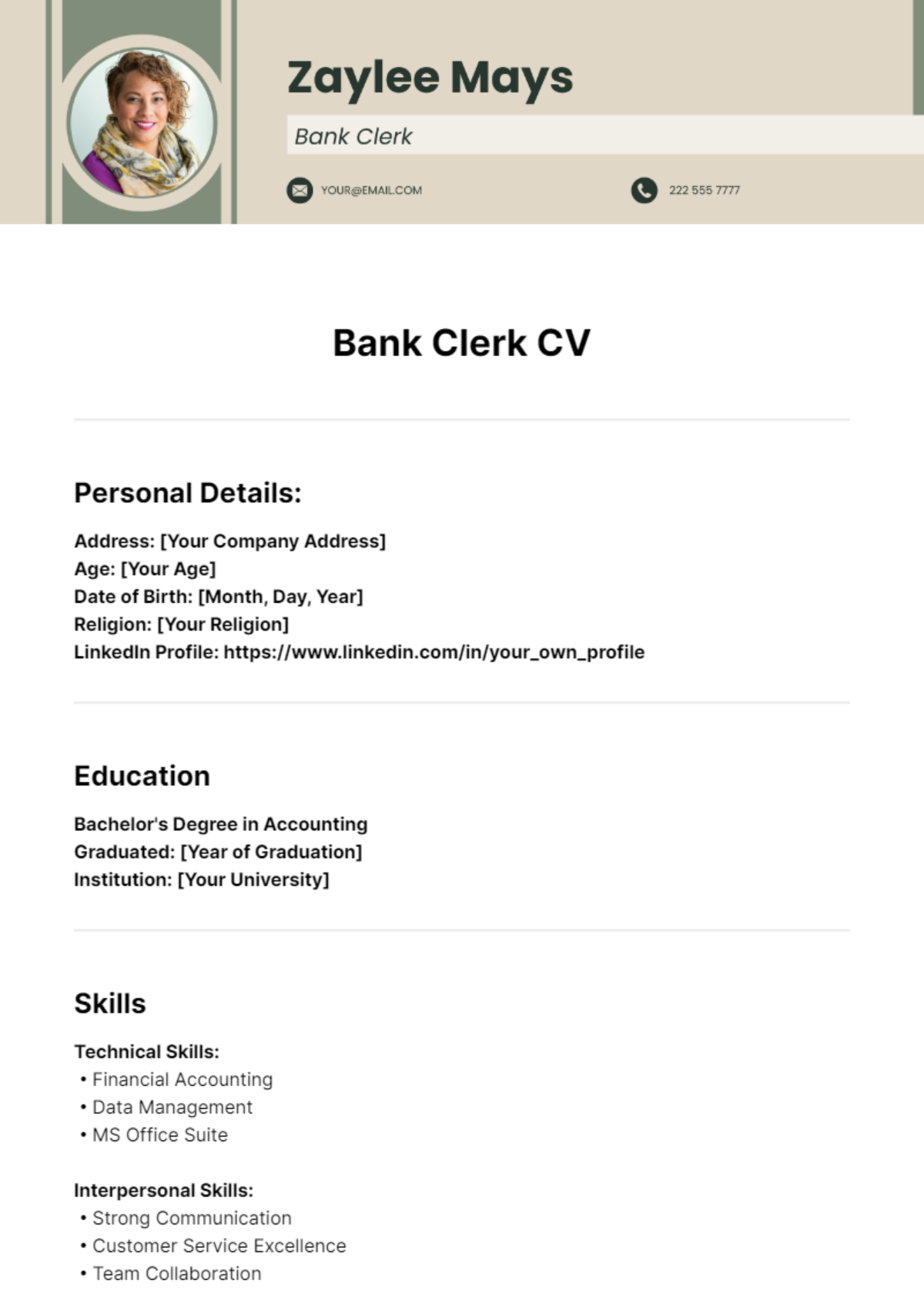 Bank Clerk CV Template - Edit Online & Download