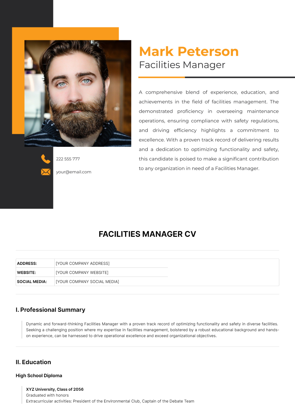 Facilities Manager CV Template - Edit Online & Download Example ...