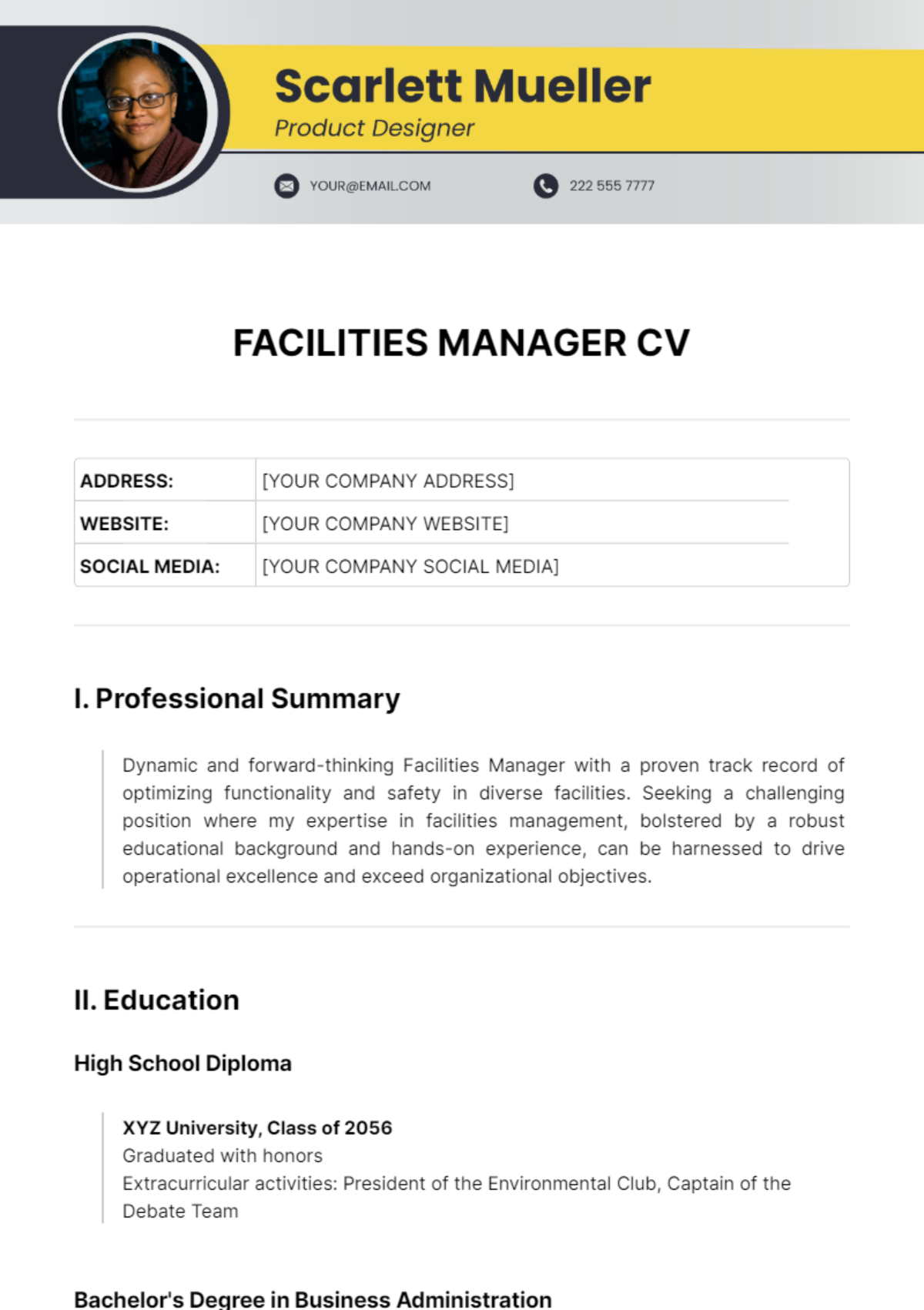 Facilities Manager CV Template - Edit Online & Download