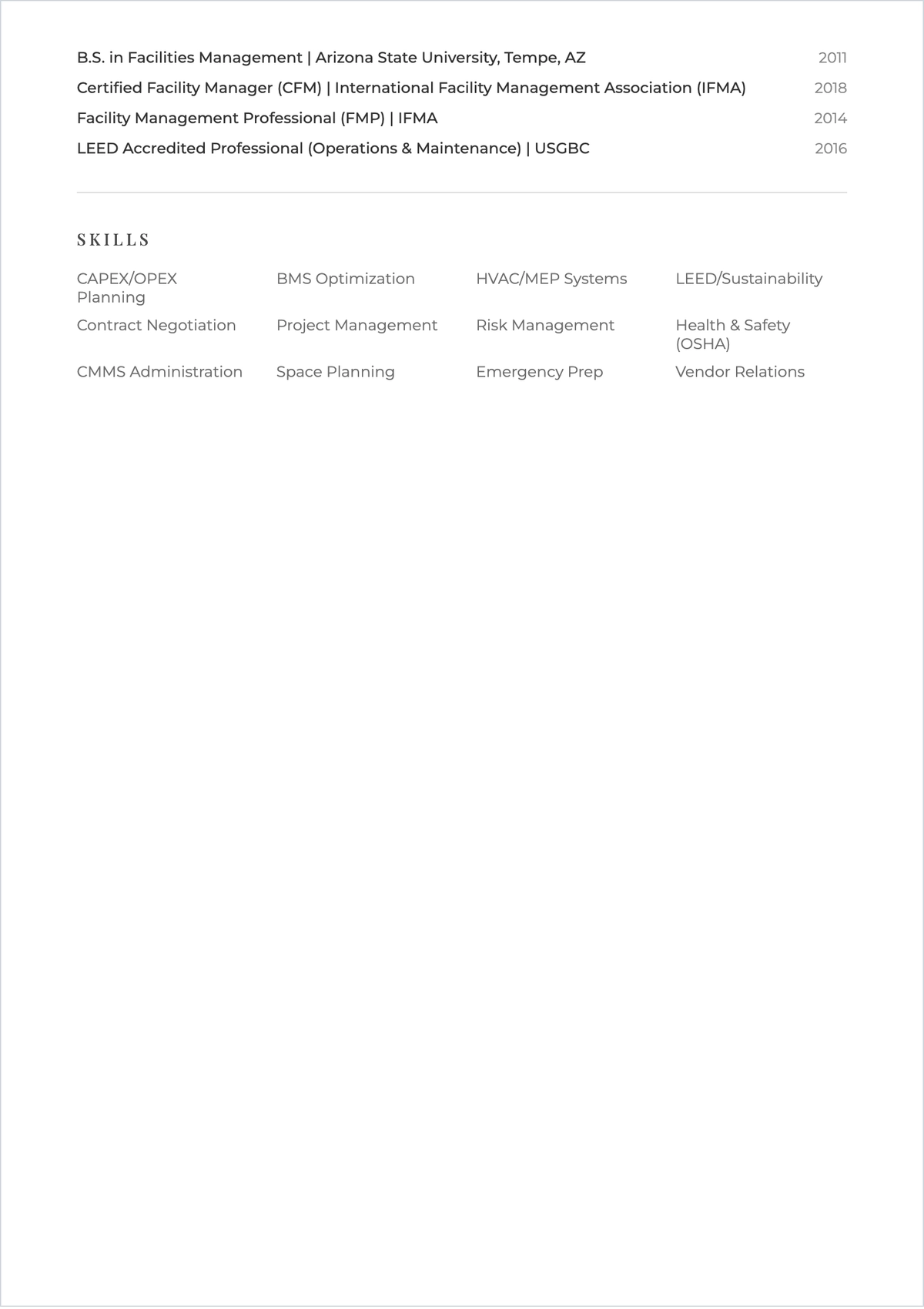 Free Facilities Manager ATS CV Template, AI CV Builder