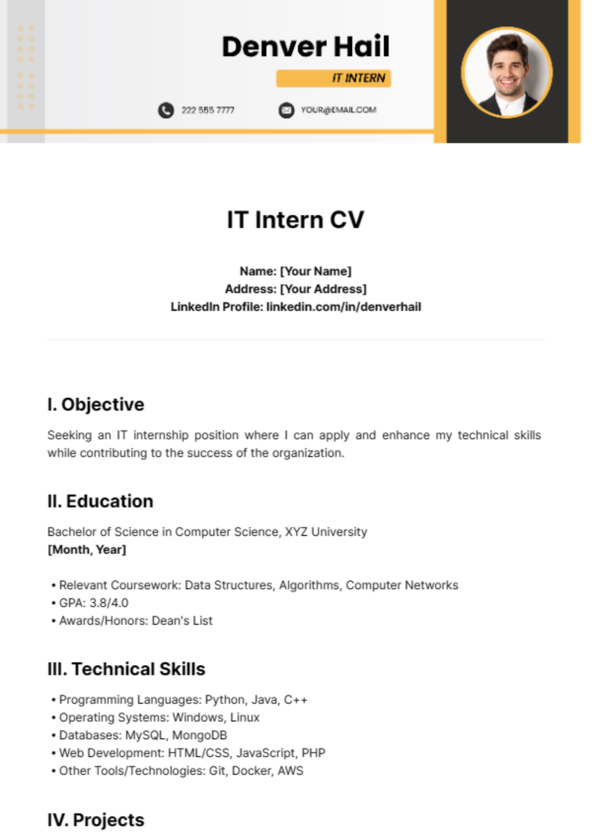 IT Intern CV Template - Edit Online & Download Example | Template.net