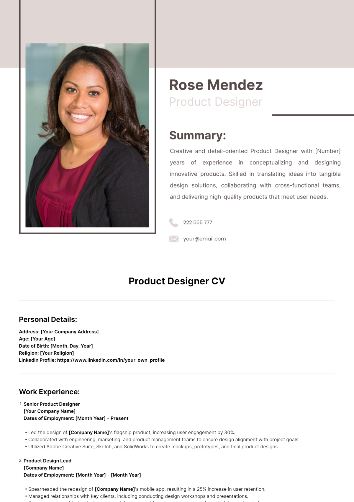 Product Designer CV Template - Edit Online & Download