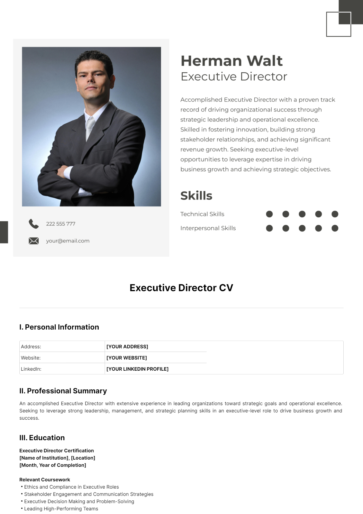 Executive Director CV Template - Edit Online & Download