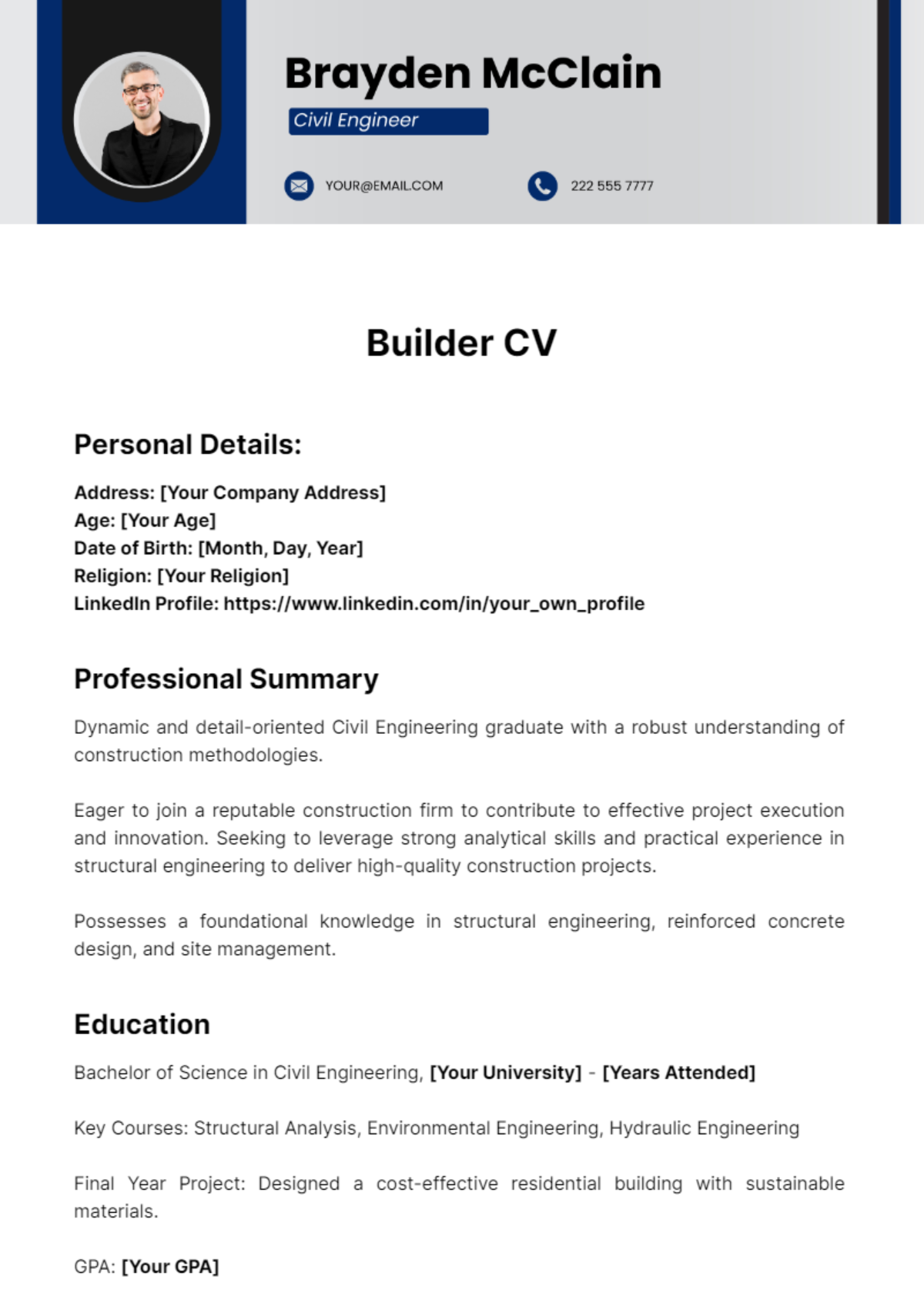 Builder CV Template - Edit Online & Download Example | Template.net