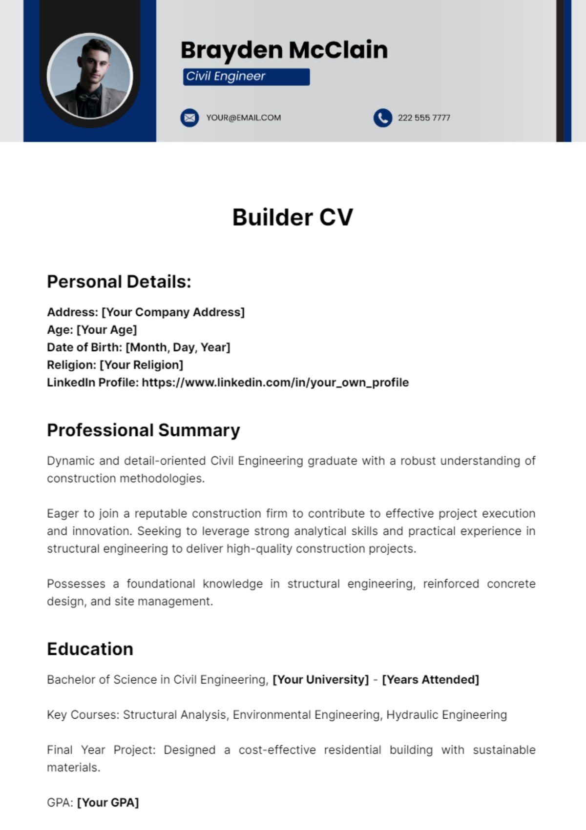 Builder CV Template - Edit Online & Download