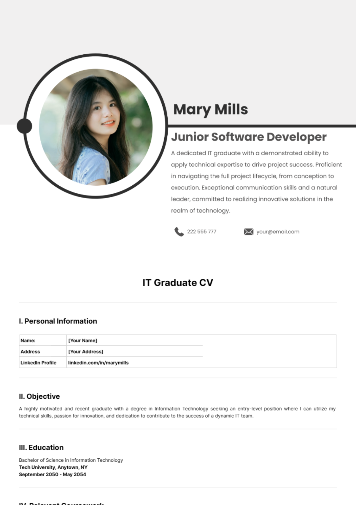 Free IT Graduate CV Template To Edit Online