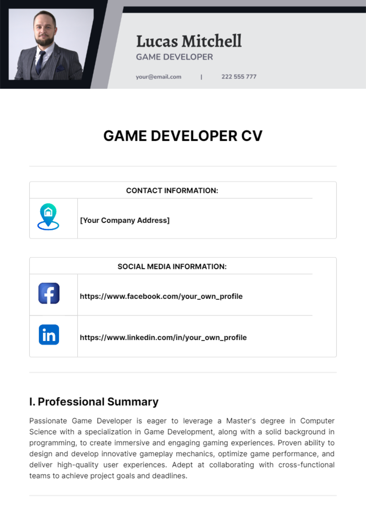 Game Developer CV Template - Edit Online & Download