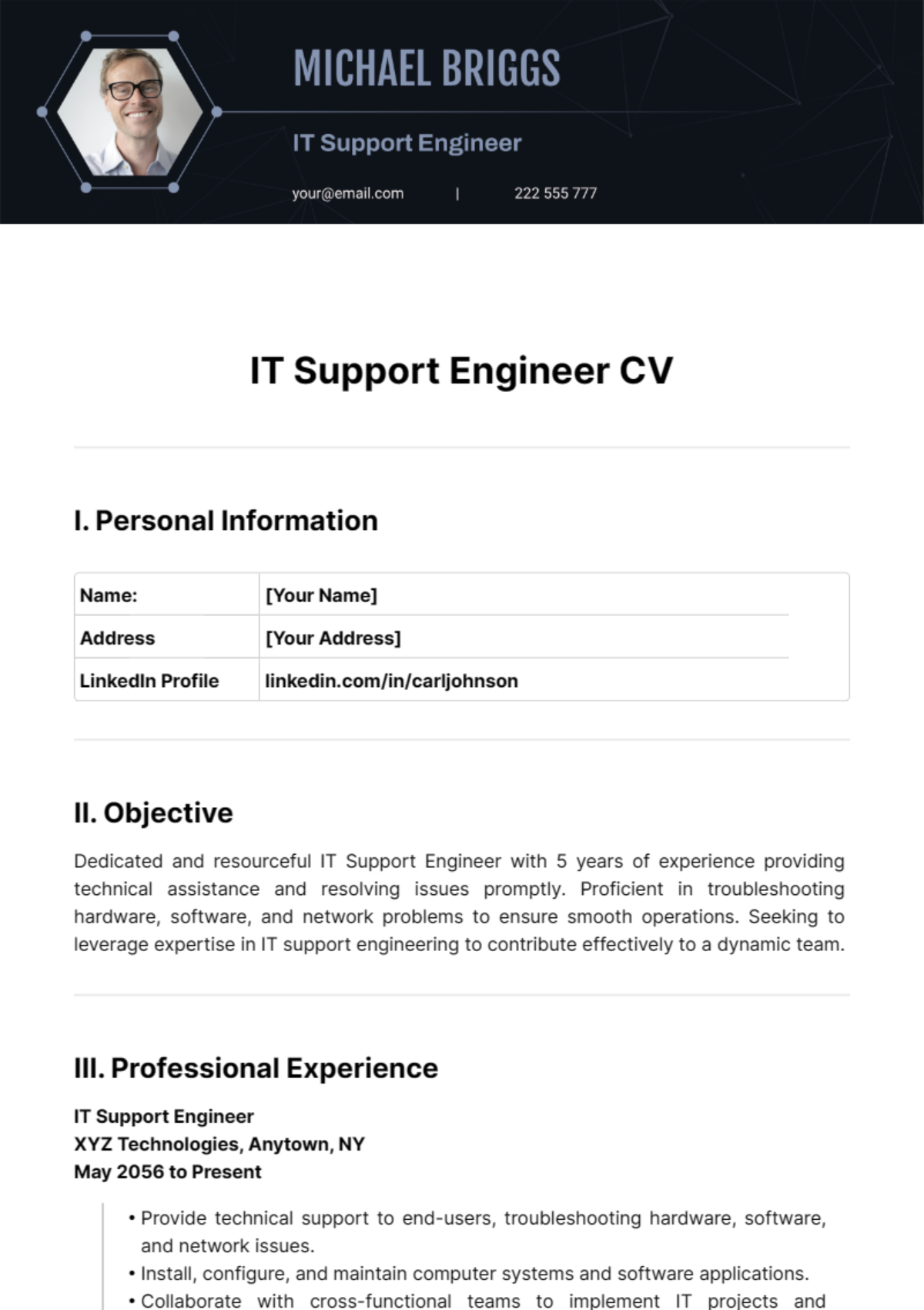 IT Support Engineer CV Template - Edit Online & Download