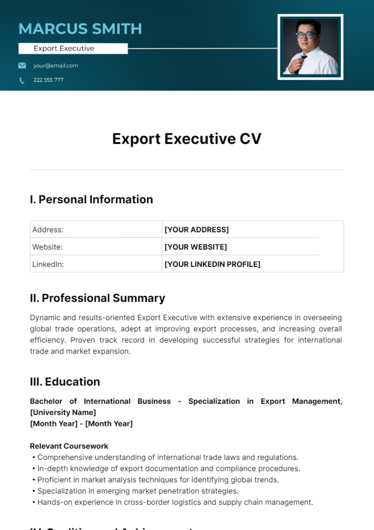 Export Executive CV Template - Edit Online & Download