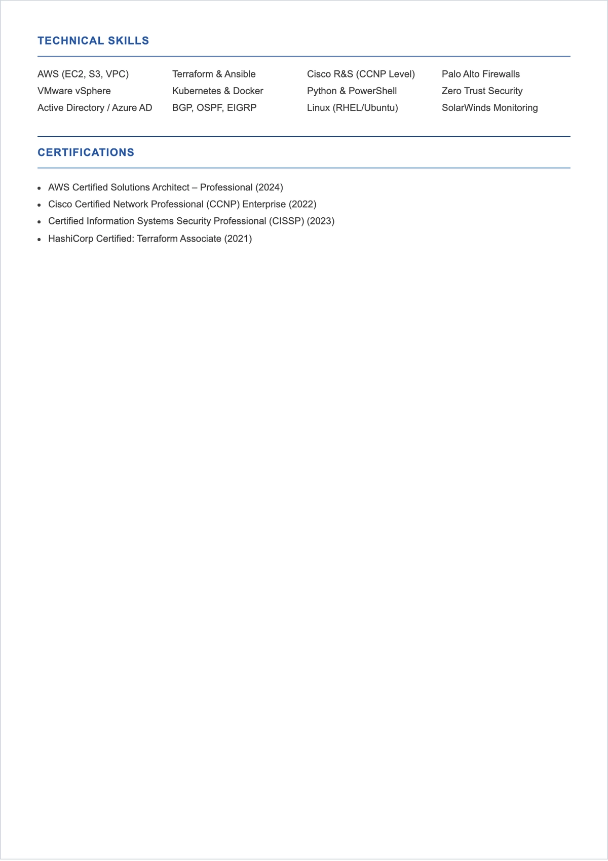 Free IT Infrastructure Engineer ATS CV Template, AI CV Builder