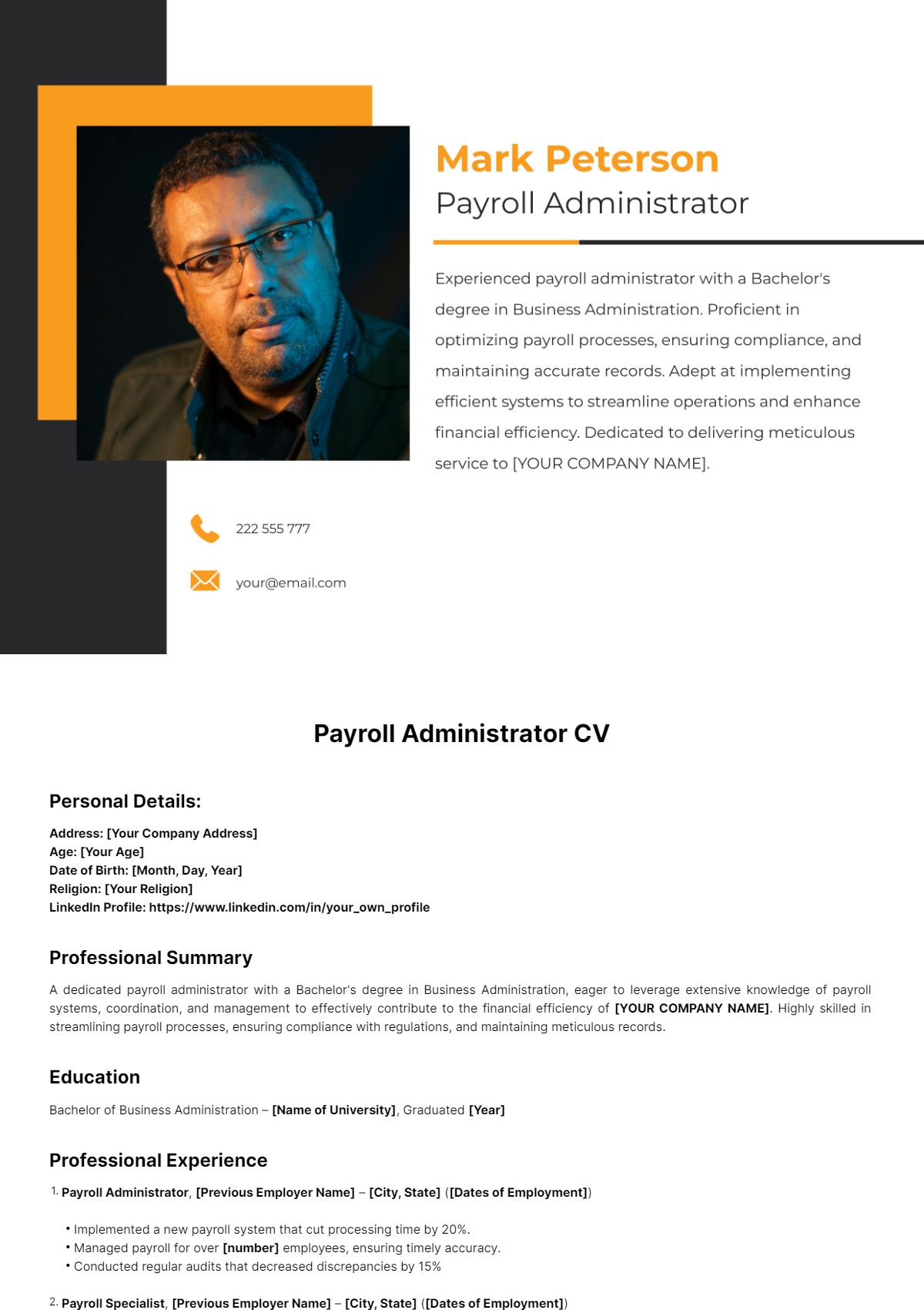 Payroll Administrator CV Template - Edit Online & Download