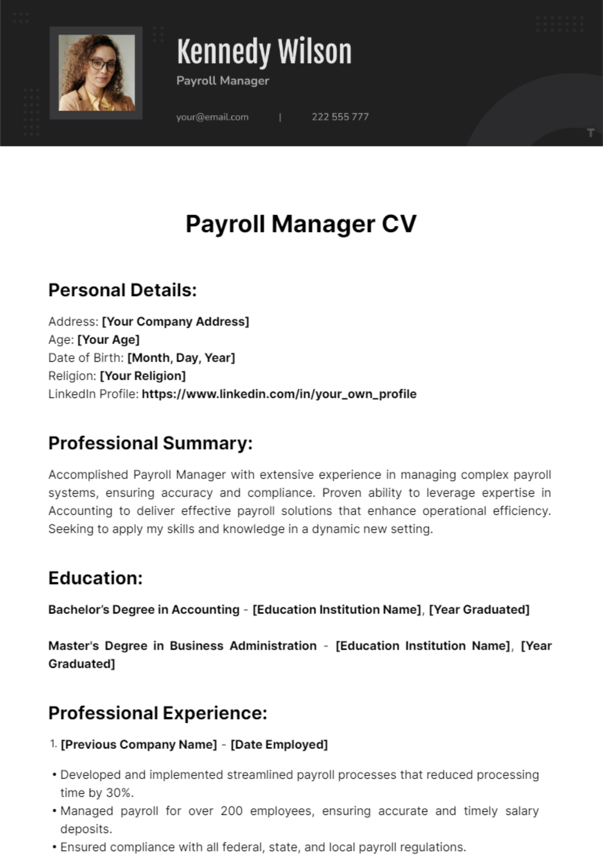 Payroll Manager CV Template - Edit Online & Download