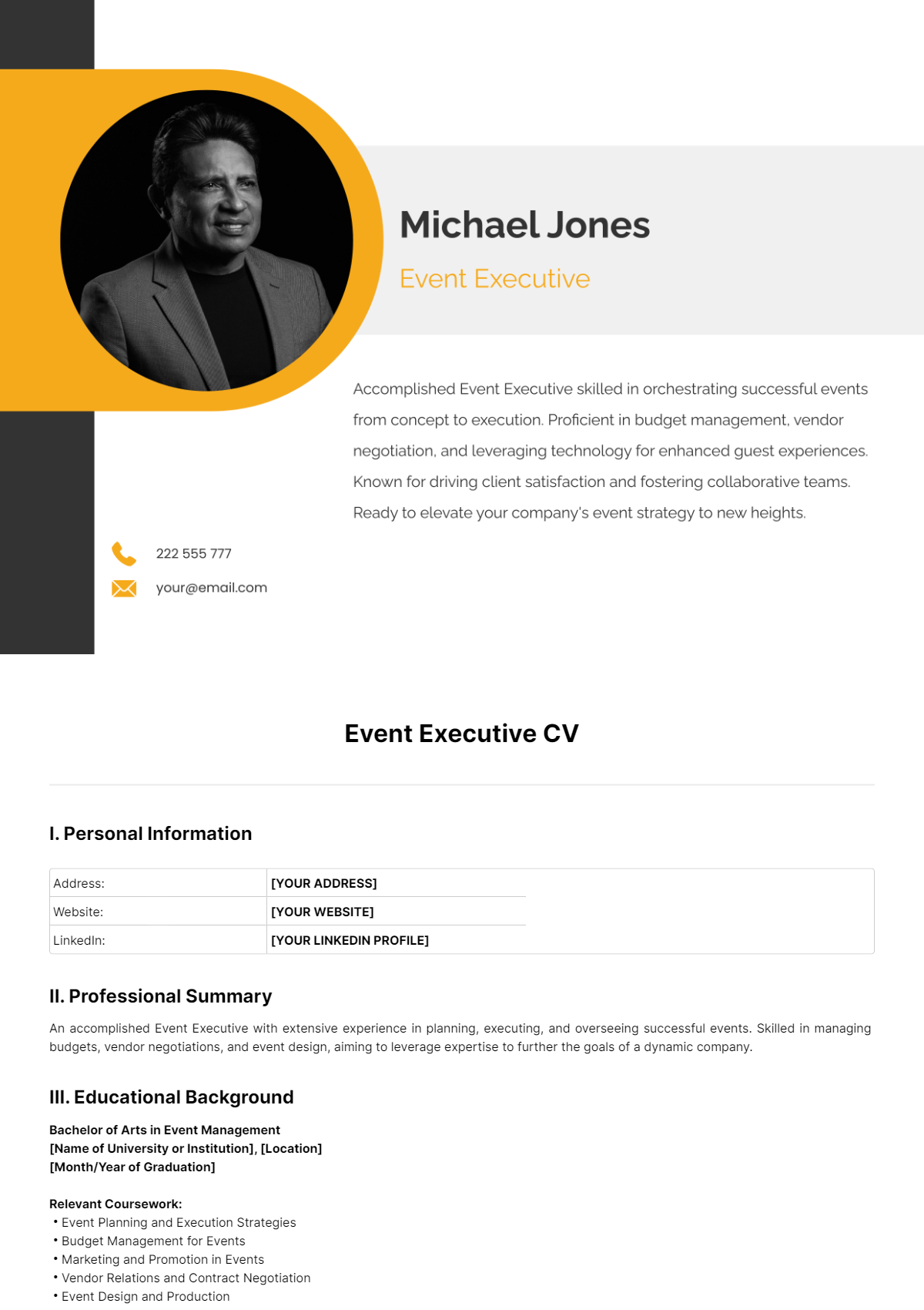 Event Executive CV Template - Edit Online & Download