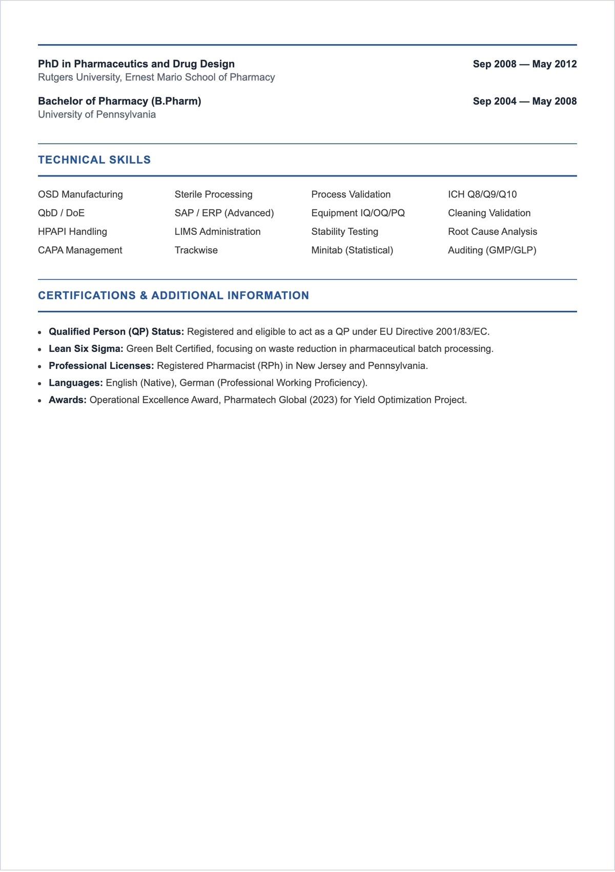 Free Industrial Pharmacist ATS CV Template, AI CV Builder