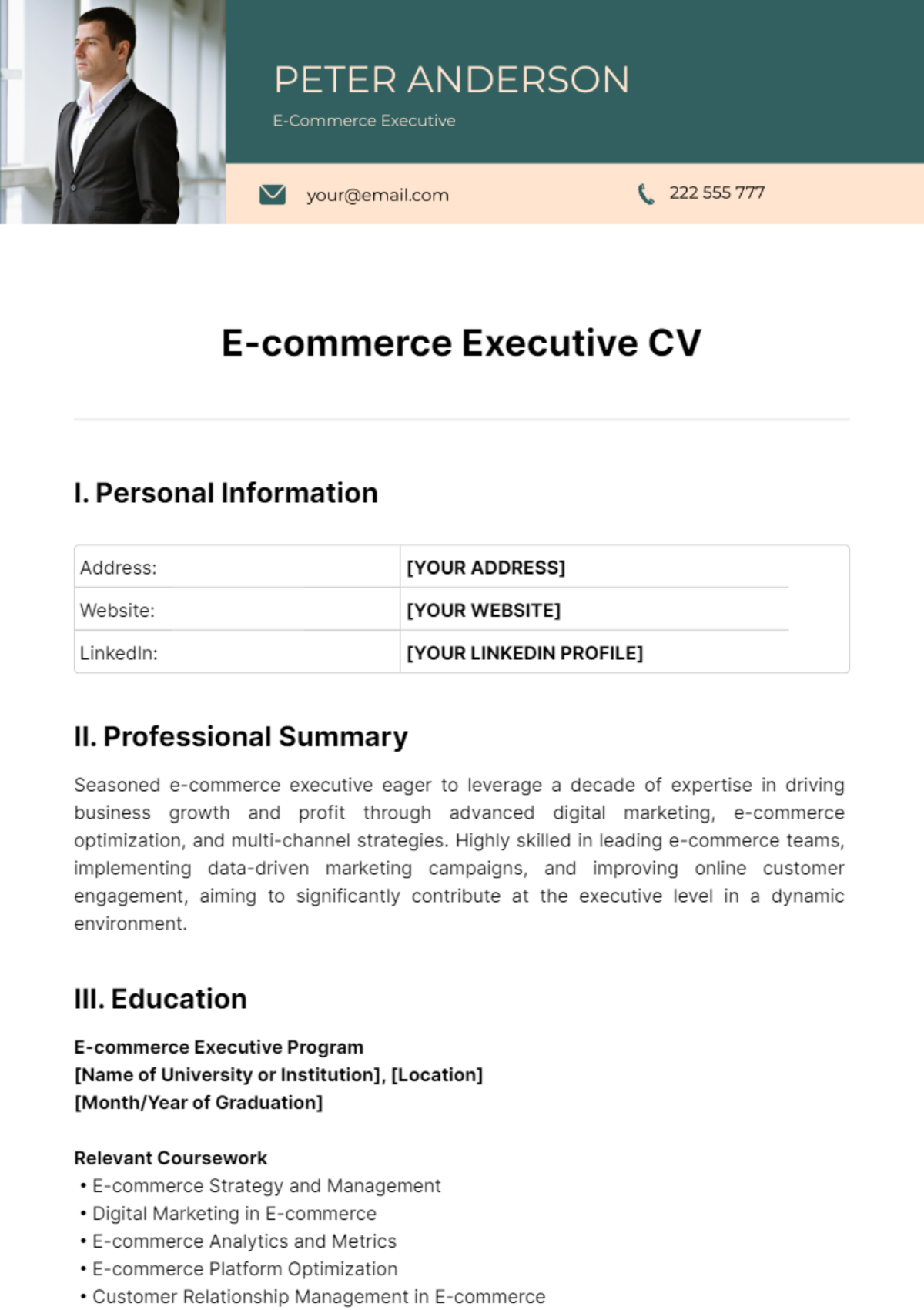 Ecommerce Executive CV Template - Edit Online & Download