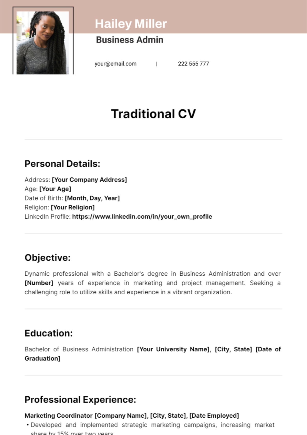 Traditional CV Template - Edit Online & Download