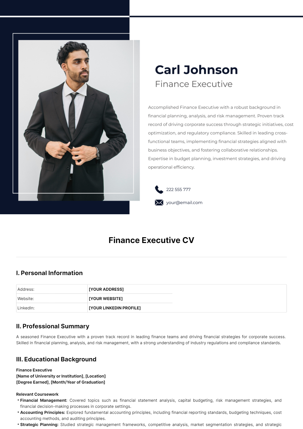 Finance Executive CV Template - Edit Online & Download