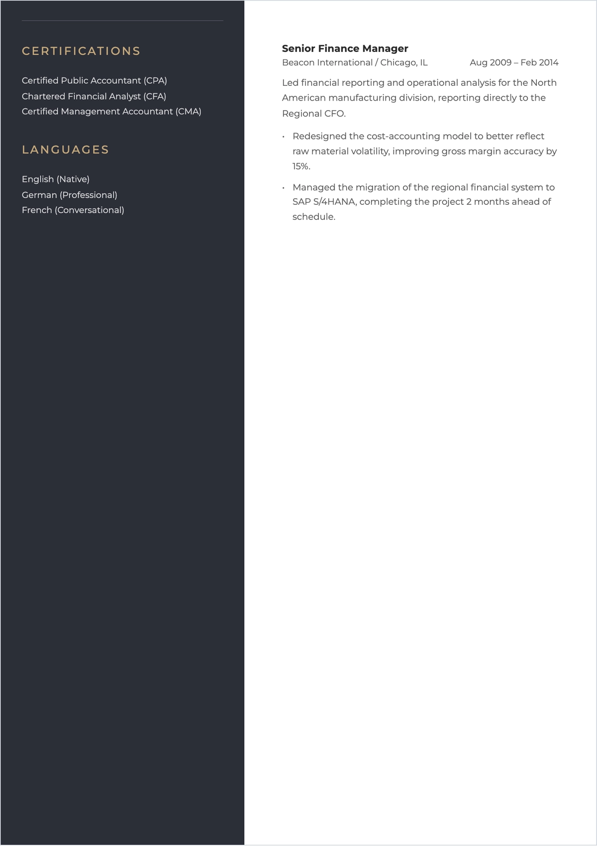 Free Finance Executive ATS CV Template, AI CV Builder