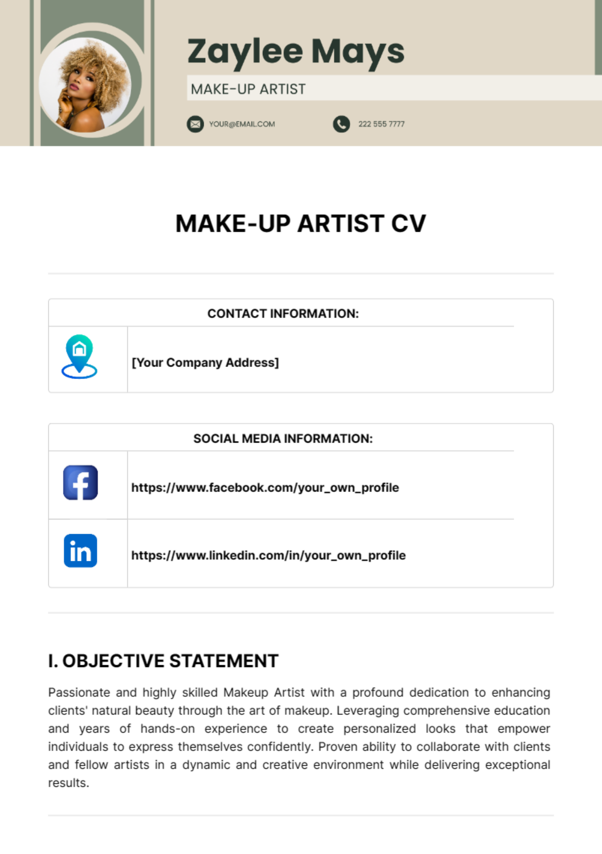 Makeup Artist CV Template - Edit Online & Download