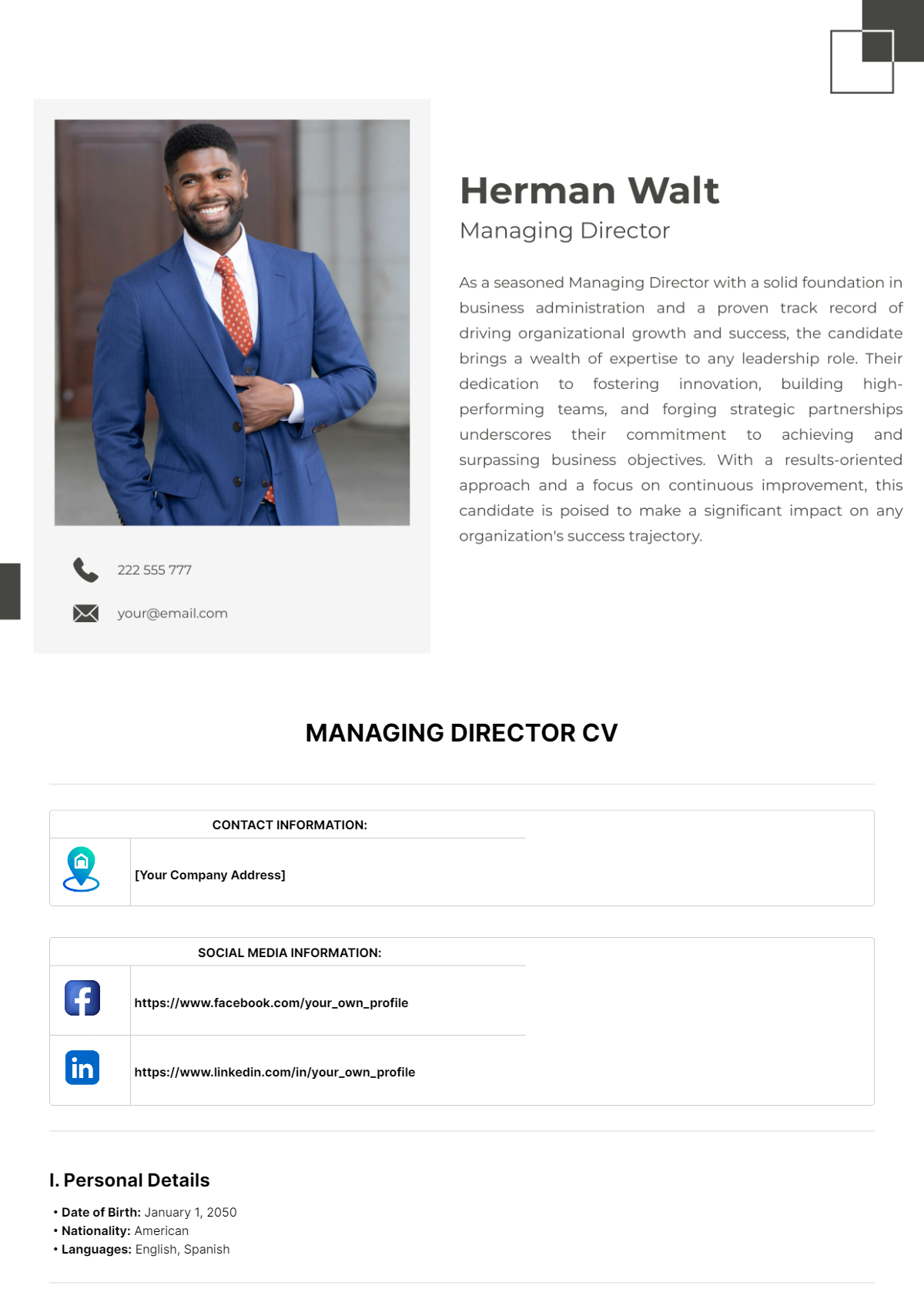 Managing Director CV Template - Edit Online & Download