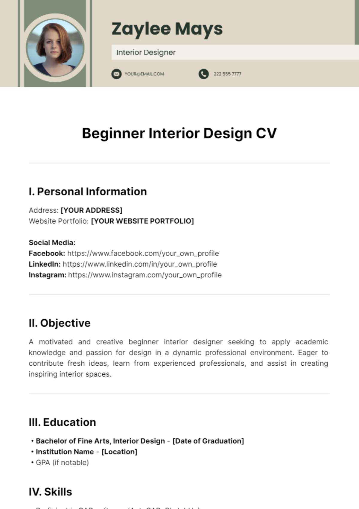 Beginner Interior Design CV Template - Edit Online & Download