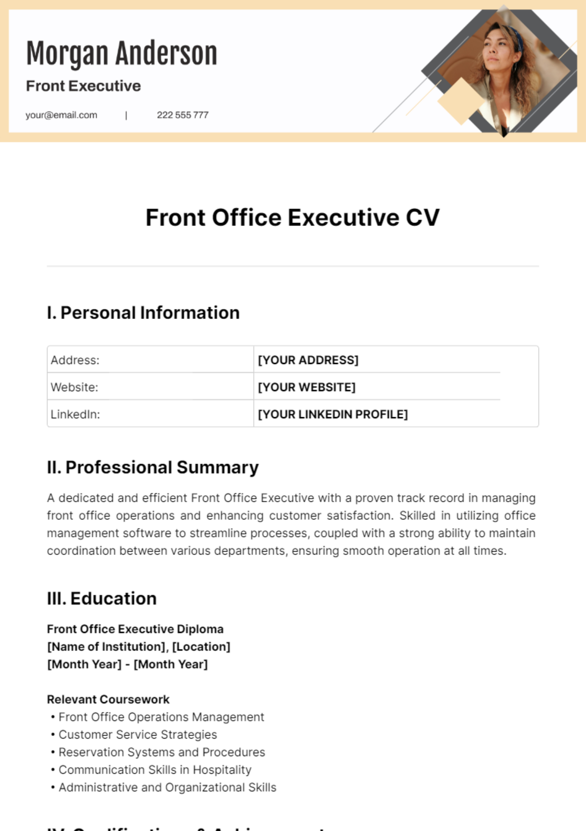 Front Office Executive CV Template - Edit Online & Download